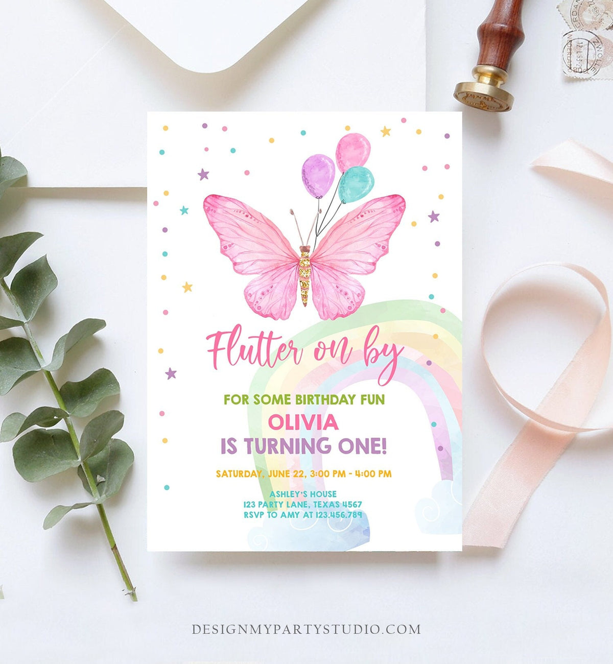 Editable Butterfly Birthday Invitation Butterfly Invitation Garden Floral Flowers Pink Gold Girl Download Printable Template Corjl 0162