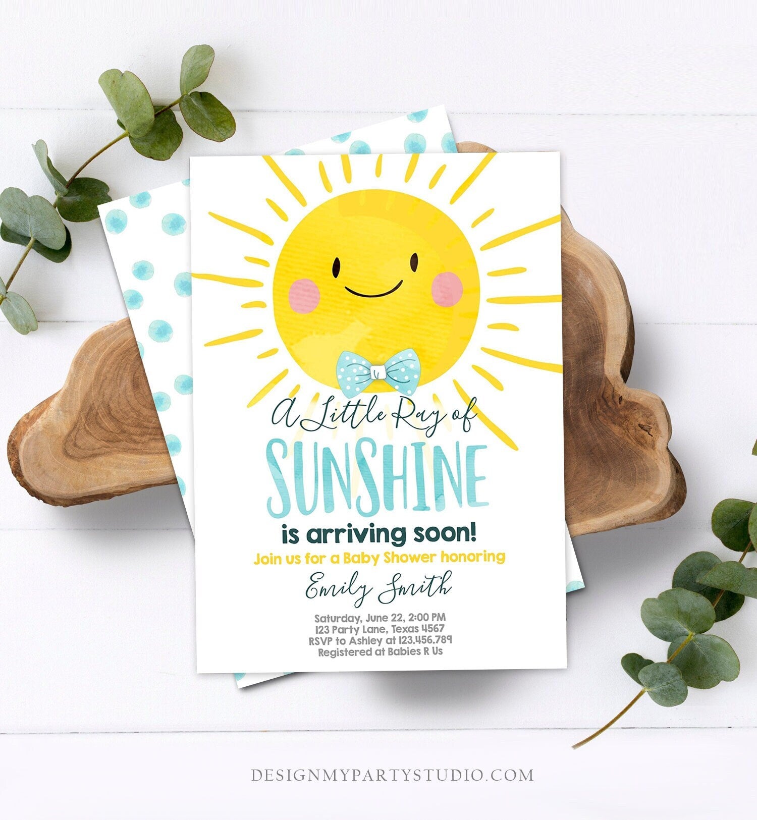 Editable A Little Ray of Sunshine Baby Shower Invitation Blue Yellow Boy Sunshine Party Evite Digital Download Corjl Template Printable 0141