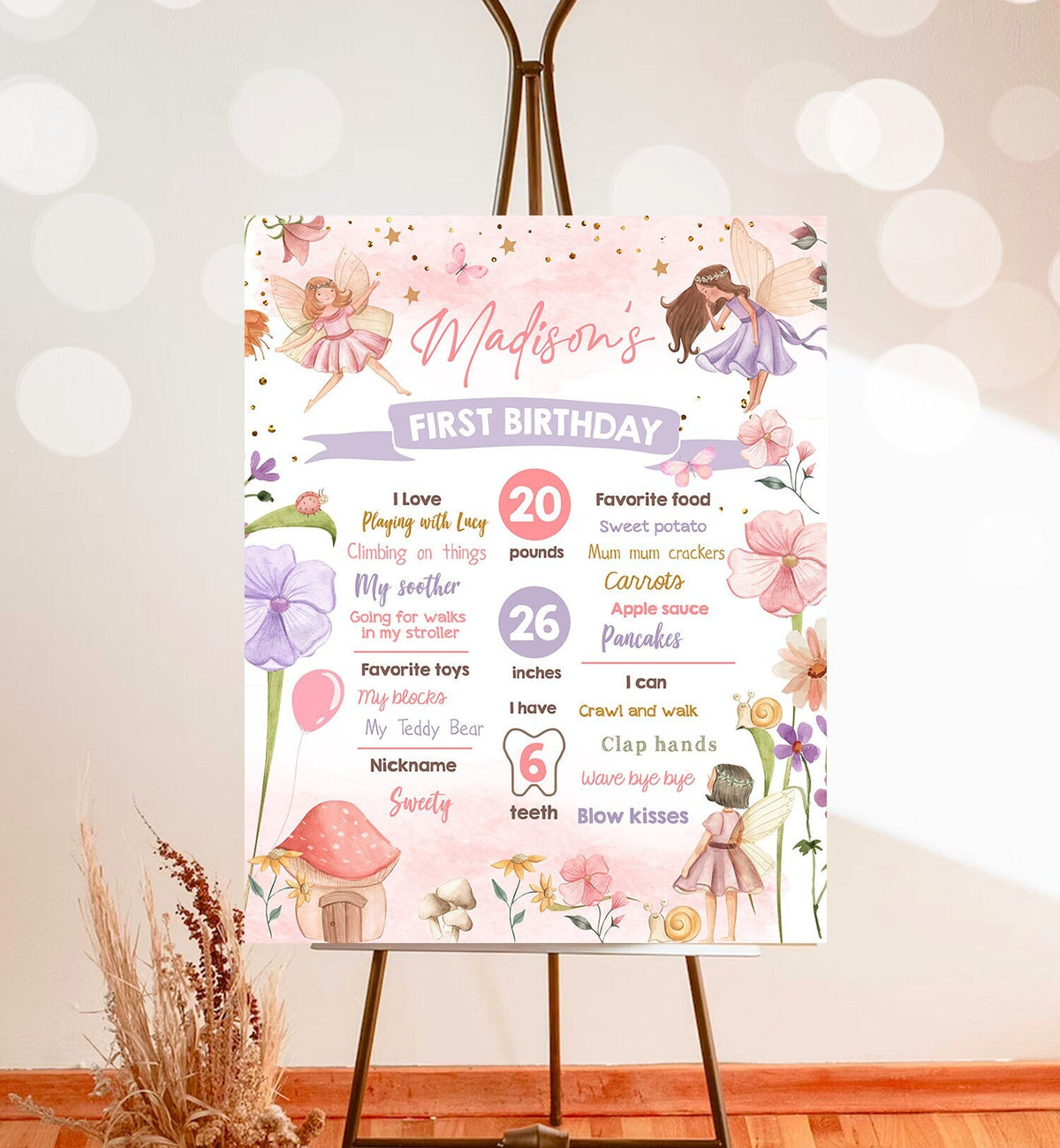 Editable Fairy Birthday Milestones Sign Fairy Tea Party Girl Birthday Garden Party Fairy First Birthday Stats Template Printable Corjl 0406