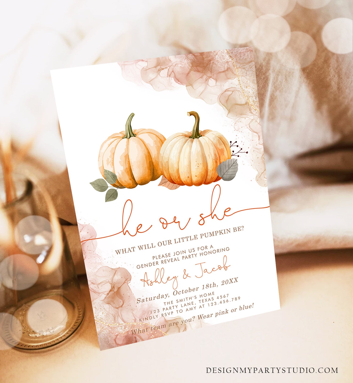 Editable Pumpkin Gender Reveal Invitation He or She Gender Neutral Boy or Girl Little Pumpkin Fall Boho Autumn Halloween Template Corjl 0489