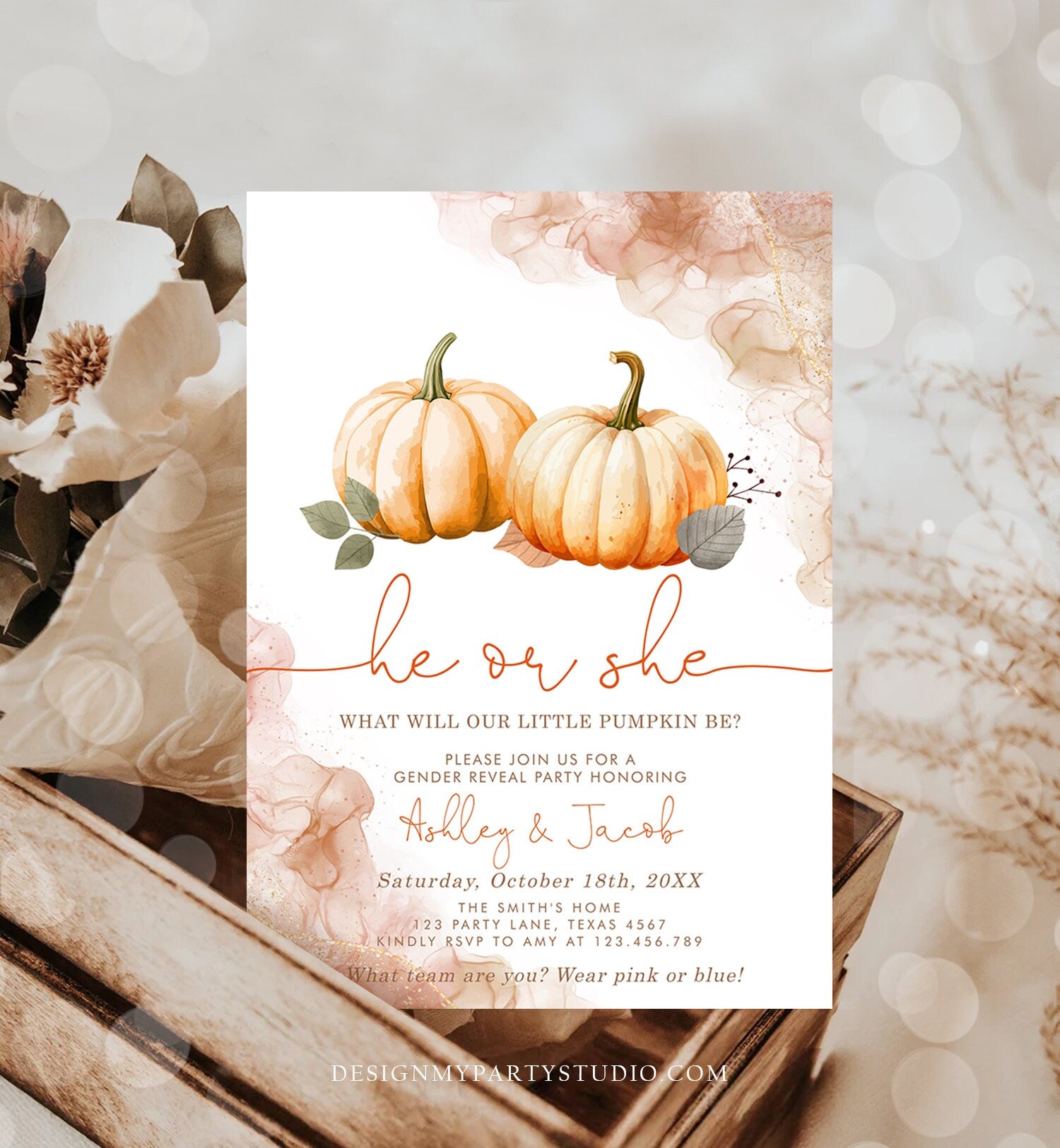 Editable Pumpkin Gender Reveal Invitation He or She Gender Neutral Boy or Girl Little Pumpkin Fall Boho Autumn Halloween Template Corjl 0489