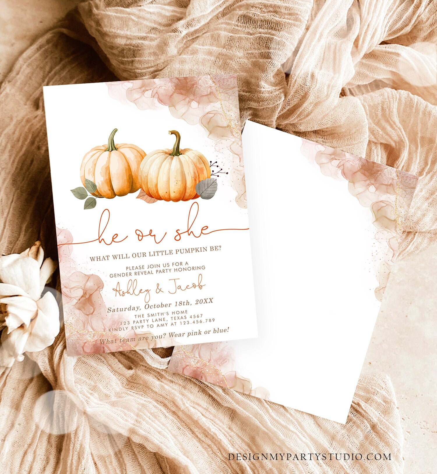 Editable Pumpkin Gender Reveal Invitation He or She Gender Neutral Boy or Girl Little Pumpkin Fall Boho Autumn Halloween Template Corjl 0489