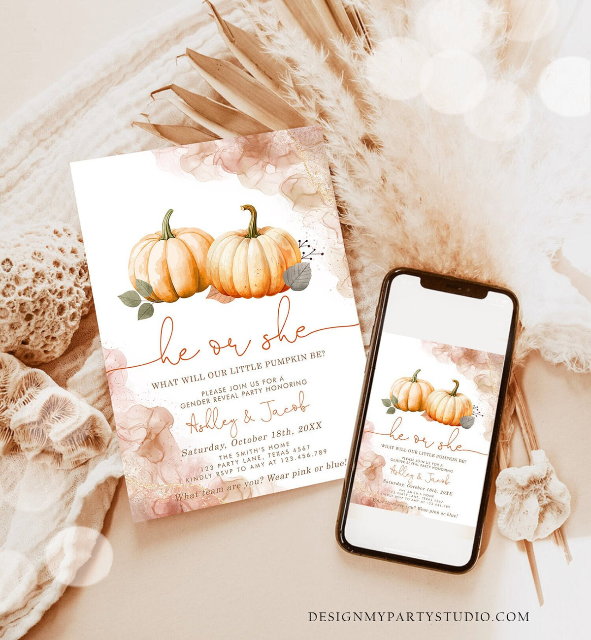 Editable Pumpkin Gender Reveal Invitation He or She Gender Neutral Boy or Girl Little Pumpkin Fall Boho Autumn Halloween Template Corjl 0489