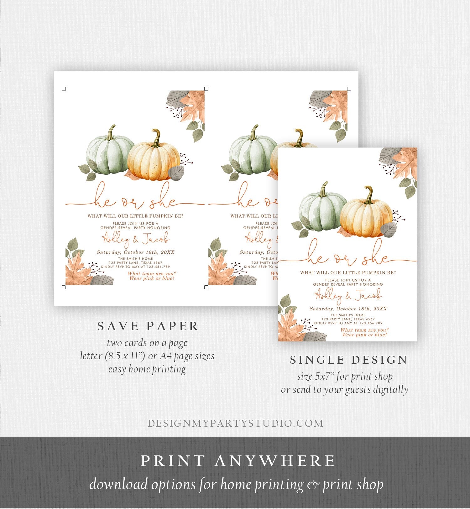 Editable Pumpkin Gender Reveal Invitation He or She Gender Neutral Boy or Girl Little Pumpkin Fall Boho Autumn Halloween Template Corjl 0489