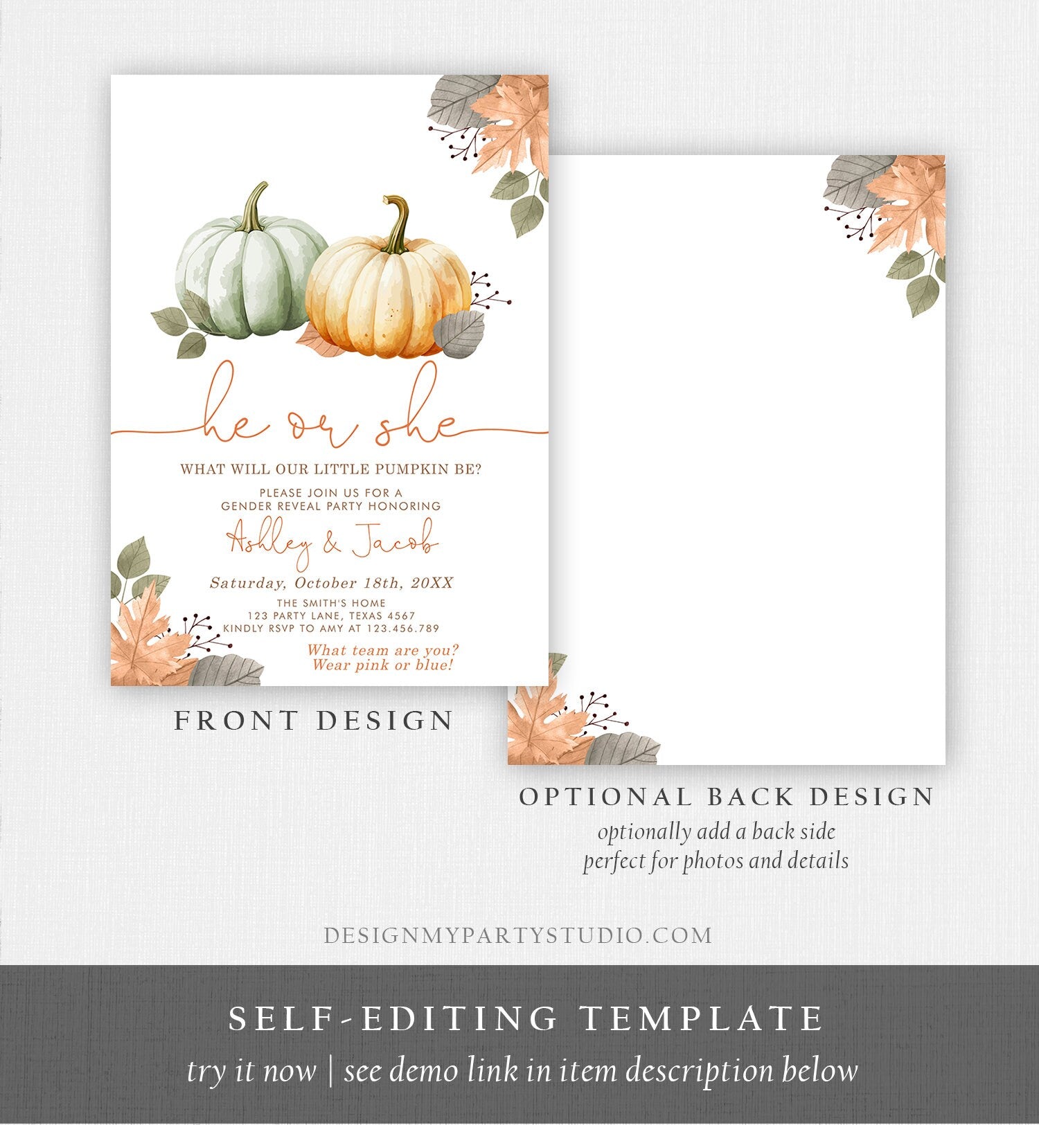 Editable Pumpkin Gender Reveal Invitation He or She Gender Neutral Boy or Girl Little Pumpkin Fall Boho Autumn Halloween Template Corjl 0489