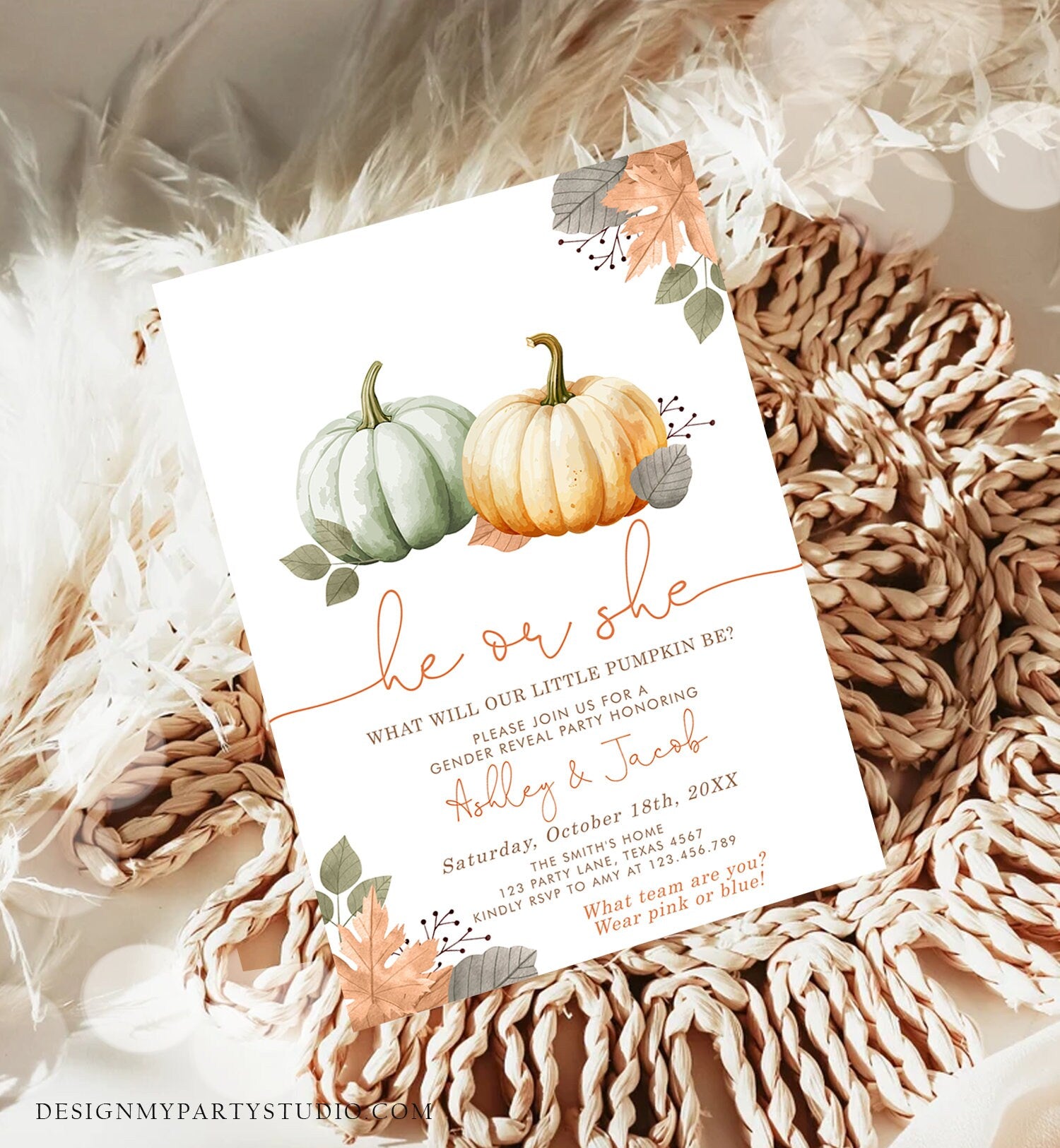 Editable Pumpkin Gender Reveal Invitation He or She Gender Neutral Boy or Girl Little Pumpkin Fall Boho Autumn Halloween Template Corjl 0489