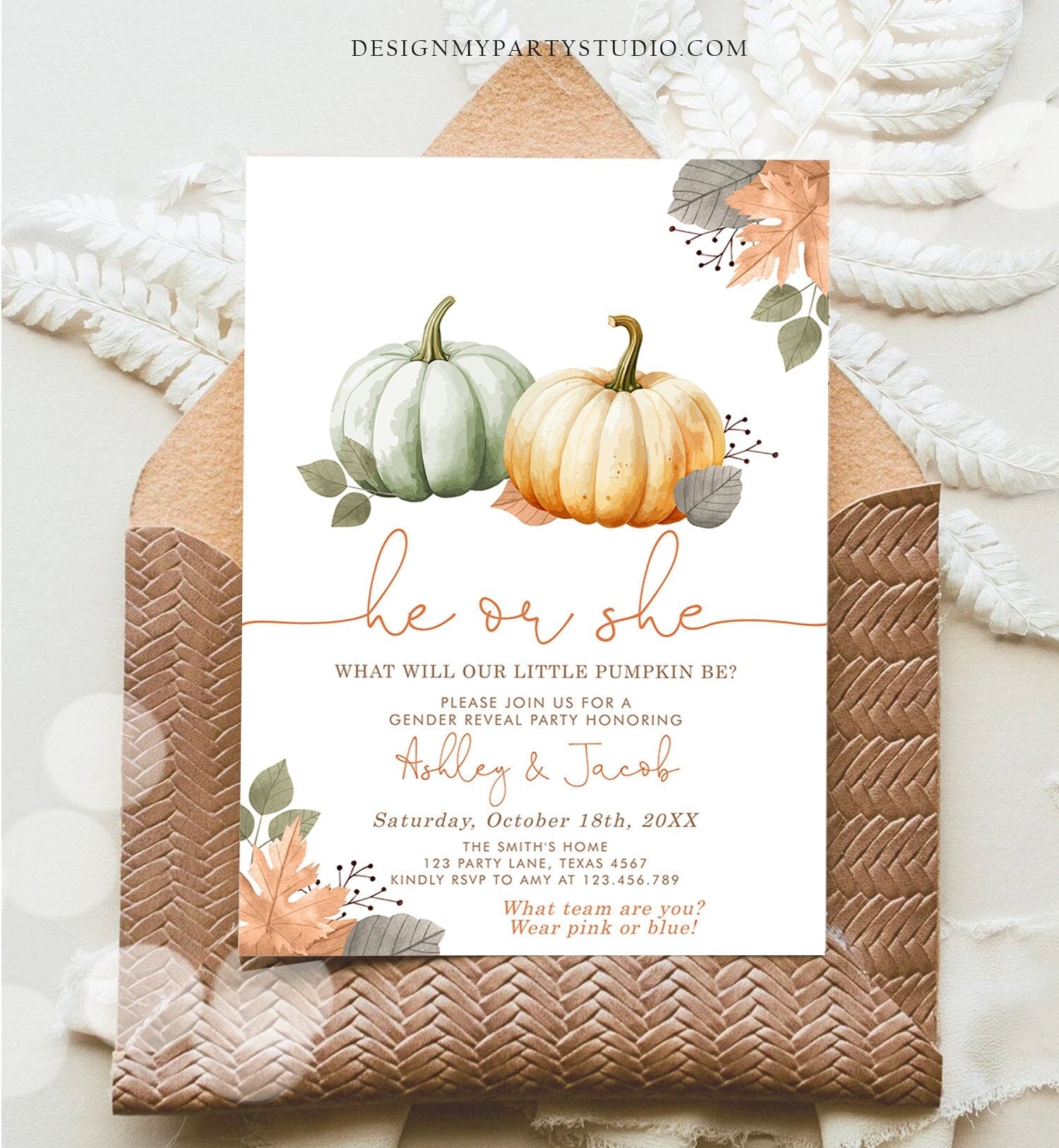 Editable Pumpkin Gender Reveal Invitation He or She Gender Neutral Boy or Girl Little Pumpkin Fall Boho Autumn Halloween Template Corjl 0489