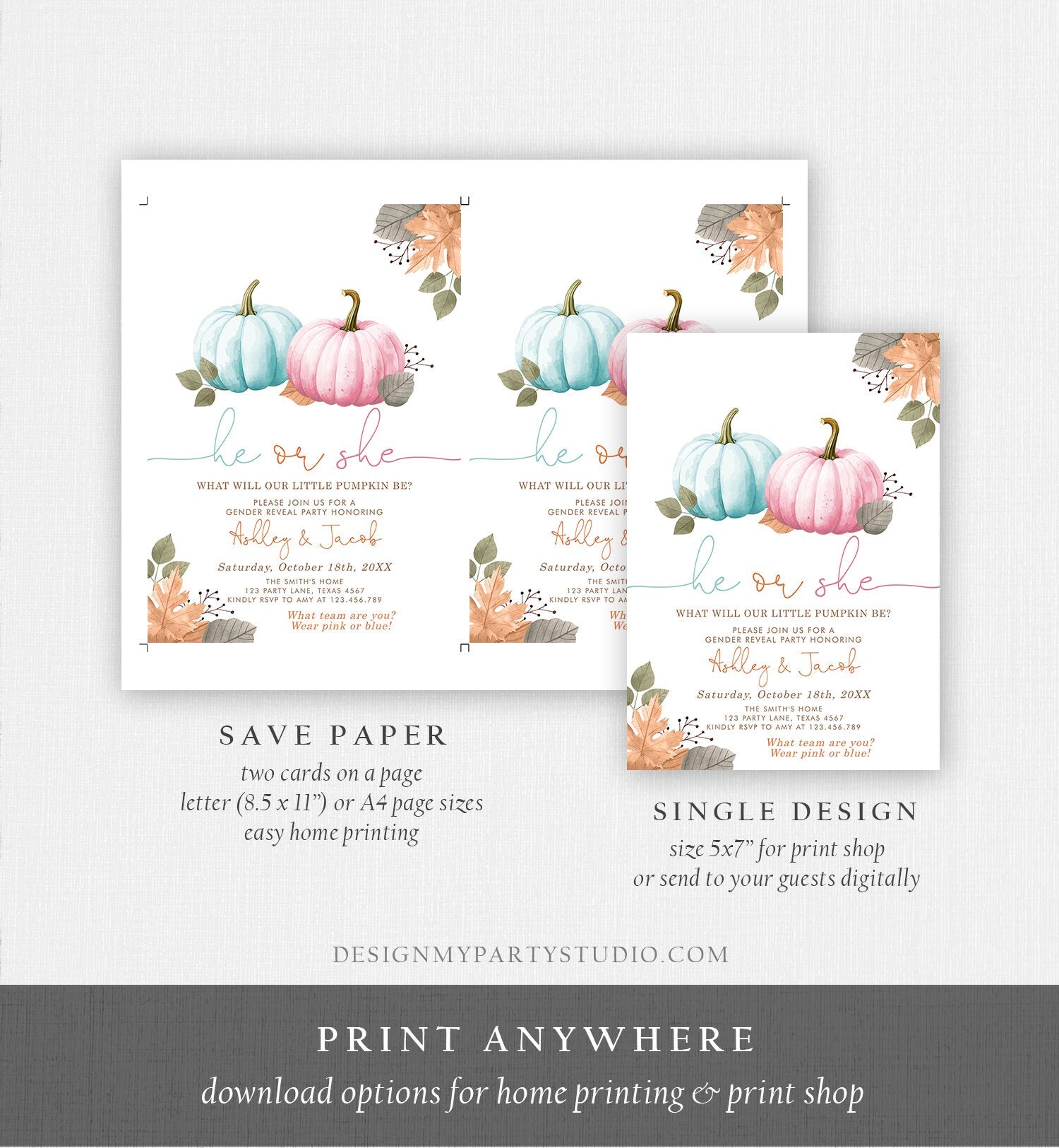 Editable Pumpkin Gender Reveal Invitation He or She Pink or Blue Boy or Girl Little Pumpkin Fall Boho Autumn Halloween Template Corjl 0489