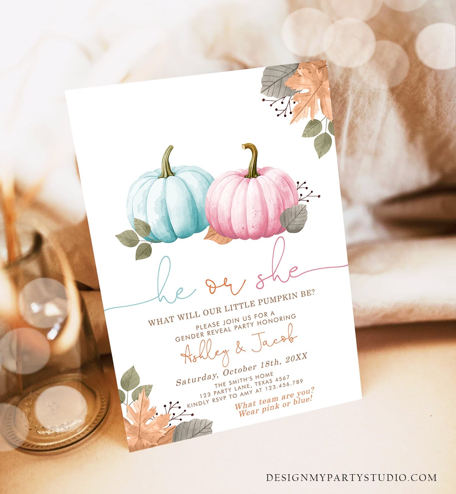 Editable Pumpkin Gender Reveal Invitation He or She Pink or Blue Boy or Girl Little Pumpkin Fall Boho Autumn Halloween Template Corjl 0489