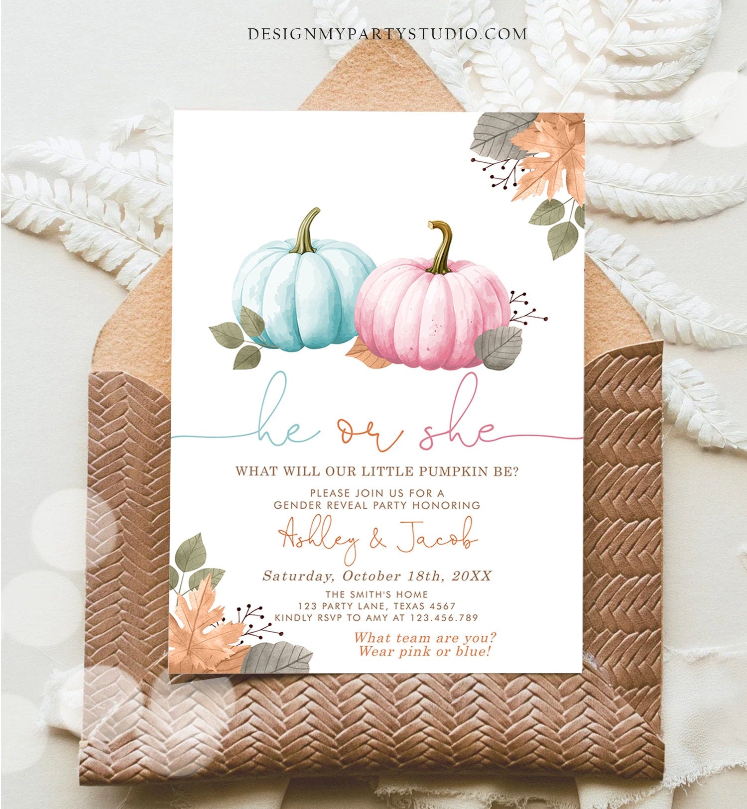 Editable Pumpkin Gender Reveal Invitation He or She Pink or Blue Boy or Girl Little Pumpkin Fall Boho Autumn Halloween Template Corjl 0489