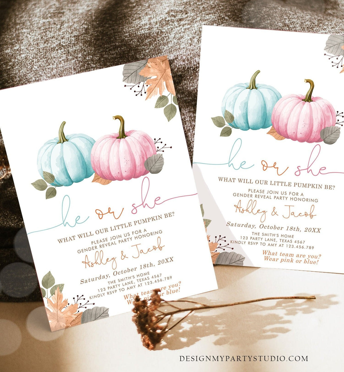 Editable Pumpkin Gender Reveal Invitation He or She Pink or Blue Boy or Girl Little Pumpkin Fall Boho Autumn Halloween Template Corjl 0489