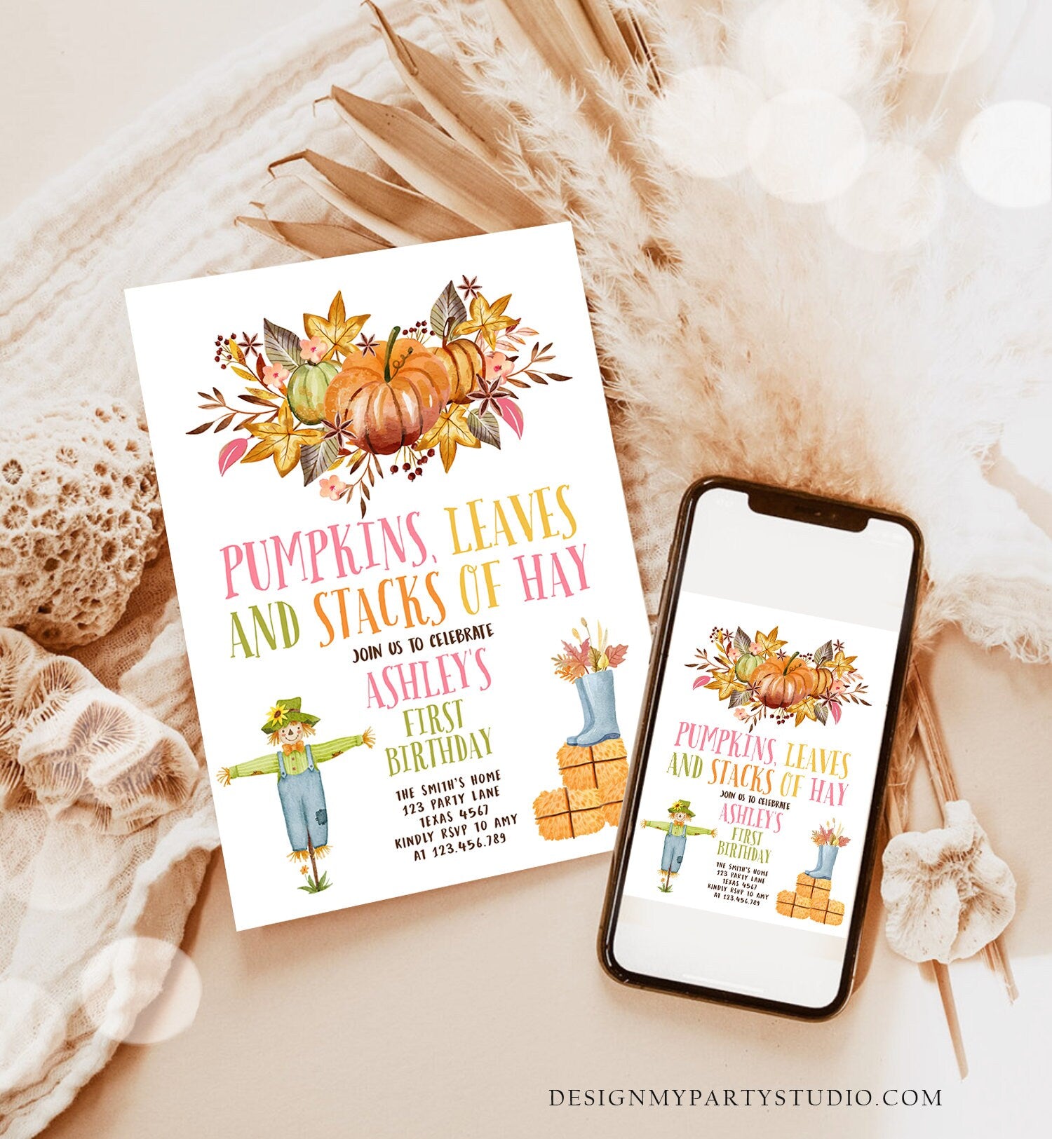 Editable Pumpkin Birthday Invitation Fall Harvest Girl Pink Autumn 1st Birthday Pumpkin Party Fall Digital Download Template Printable 0488