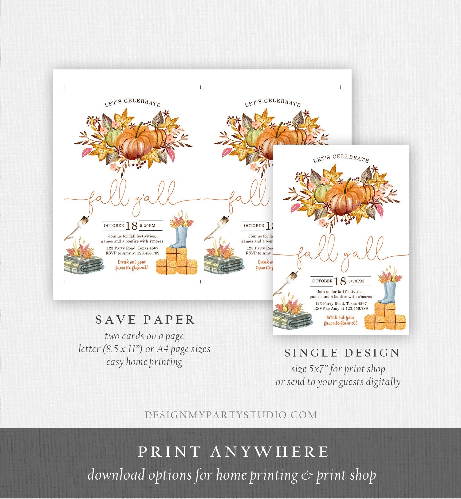 Editable Fall Y'all Party Invitation Fall Festival Party Backyard Bonfire Neighborhood All Things Fall Harvest Fall Fest Template Corjl 0488