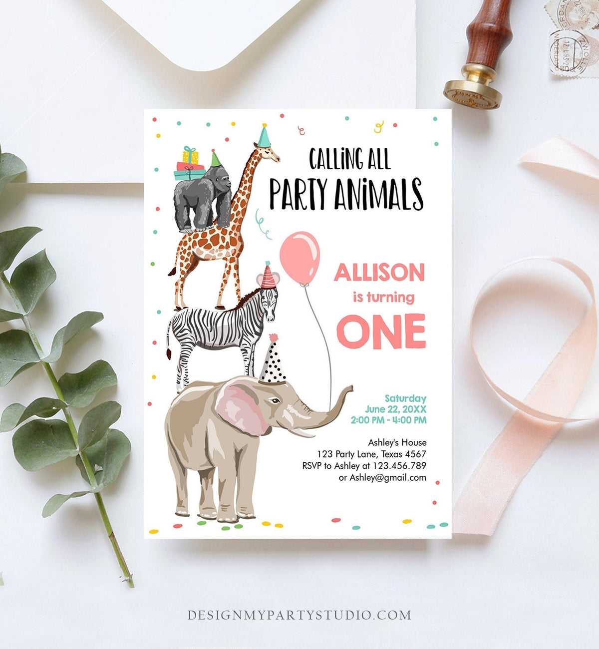 Editable Party Animals Birthday Invitation Wild One Wild Animals Zoo Safari Animals Girl Digital Download Corjl Template Printable 0142