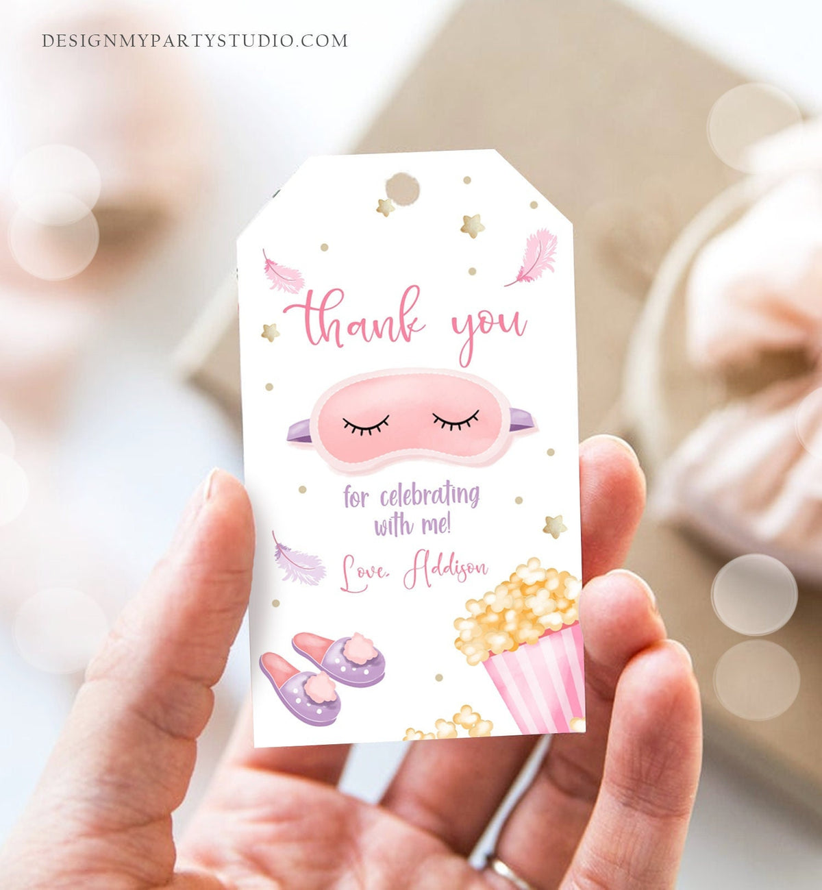 Editable Slumber Party Thank You Tag Sleepover Favor Tags Pink Girl Movie Night Mask Favor Tags Pajamas Labels Template Printable Corjl 0447