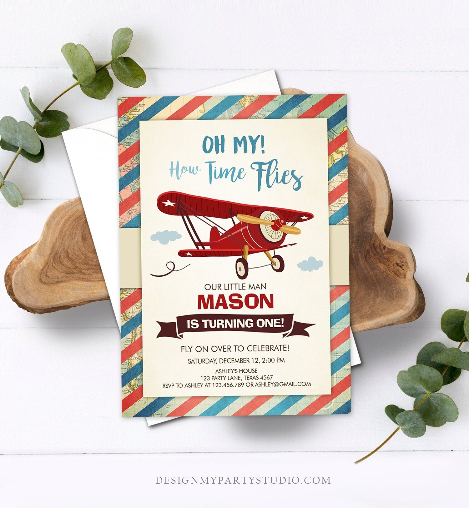 Editable Airplane Birthday Invitation Oh My Time Flies Red Airplane First Birthday Plane Sky Digital Download Evite Template Printable 0011