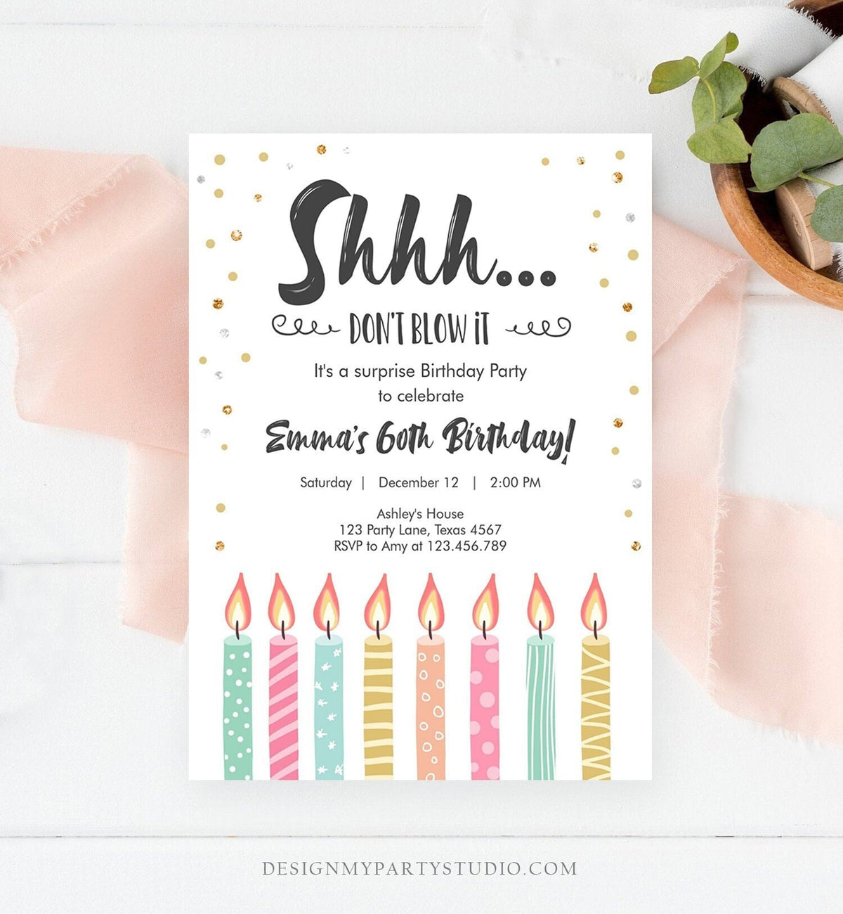 Editable Candles Surprise Birthday Invitation Shhh It&amp;#39;s A Surprise Party 30th 40th 50th 60th Adult Download Corjl Template Printable 0277