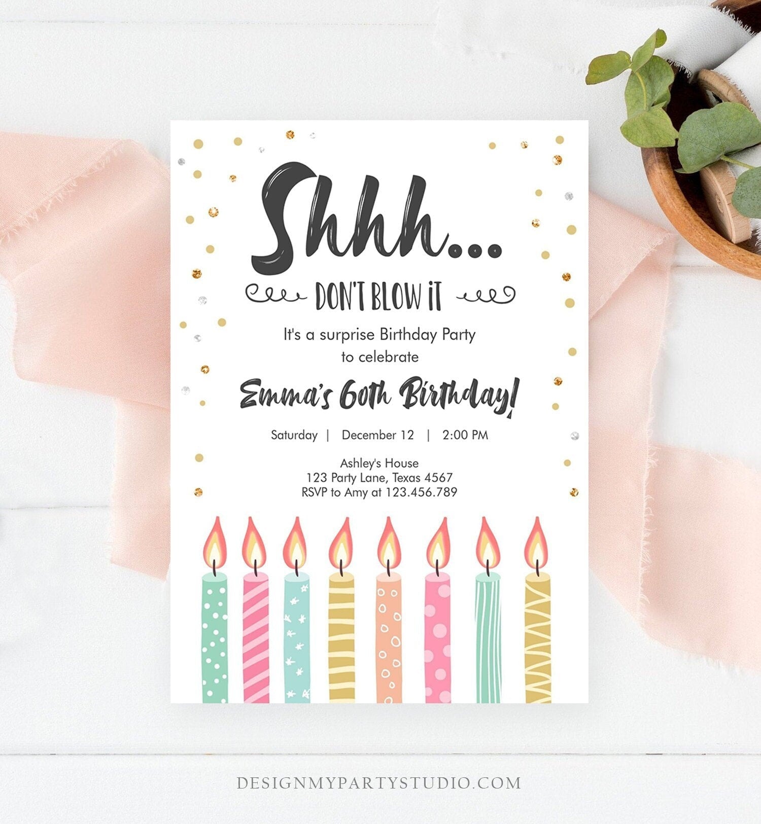 Editable Candles Surprise Birthday Invitation Shhh It&#39;s A Surprise Party 30th 40th 50th 60th Adult Download Corjl Template Printable 0277