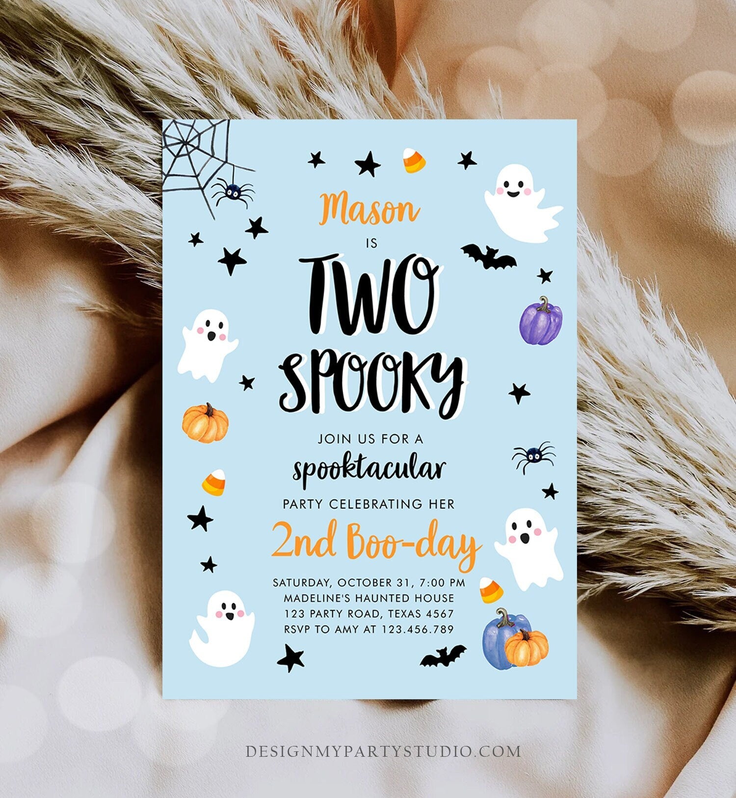 Editable Halloween Birthday Invitation 2nd Boy Blue Ghost Costume Party Kids Two Spooky Party Digital Download Evite Template Printable 0418