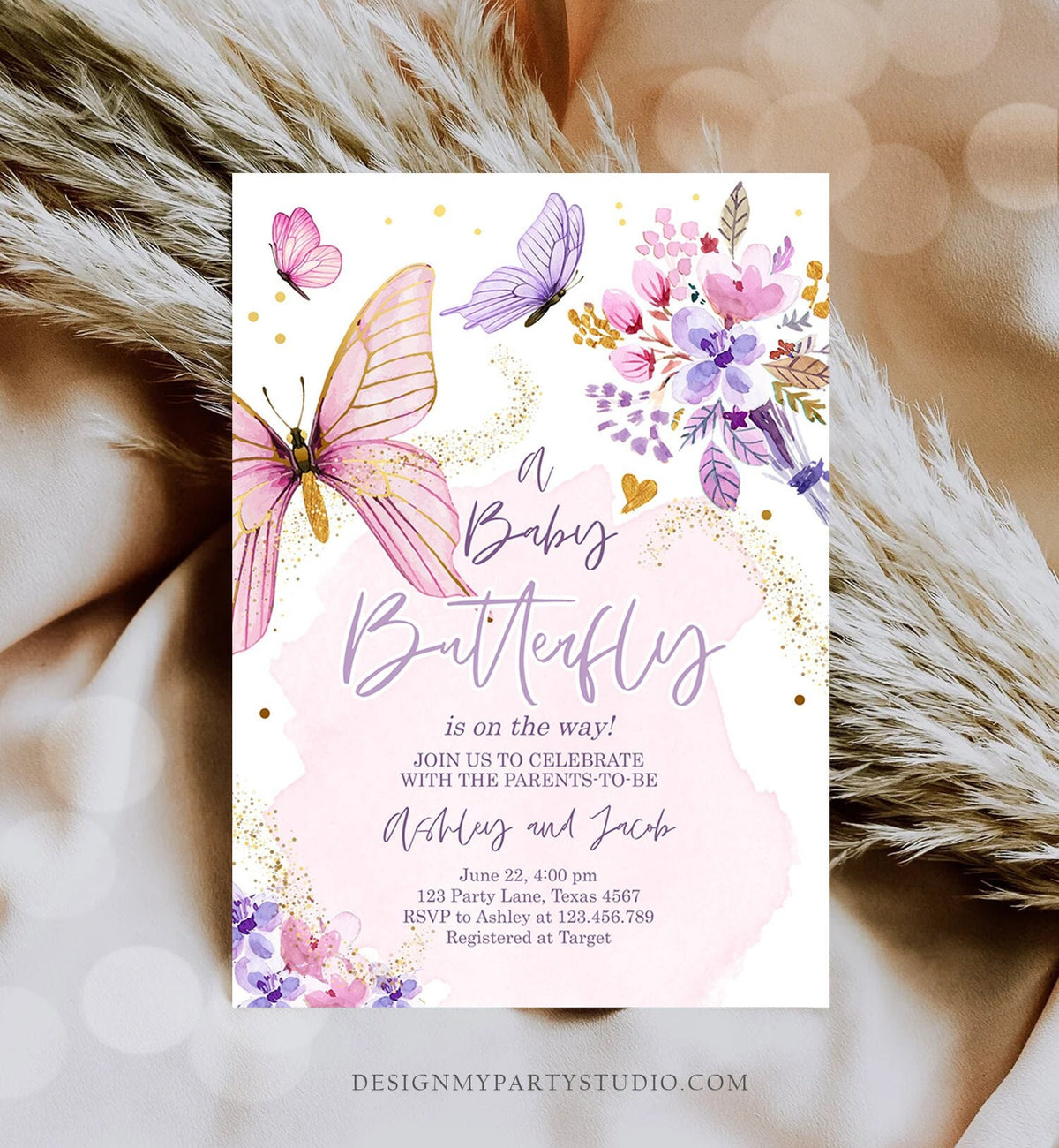 Editable Butterfly Baby Shower Invitation Purple Butterfly on The Way Invite Floral Pink Gold Girl Download Printable Template Corjl 0437