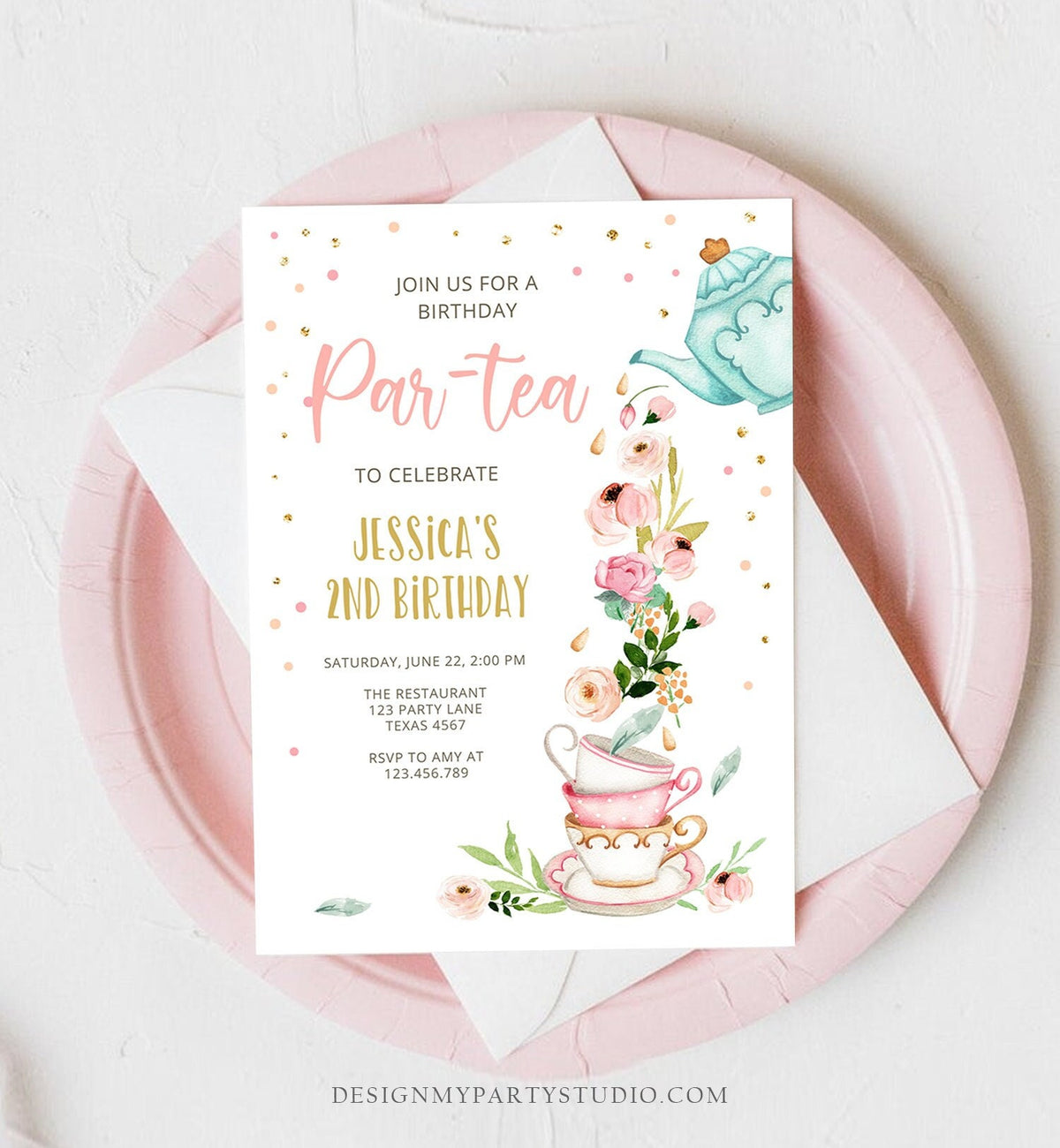 Editable Tea Birthday Invitation Girl Par-Tea Invite Virtual Tea Party Pink Gold Floral Peach Download Printable Template Corjl Digital 0349