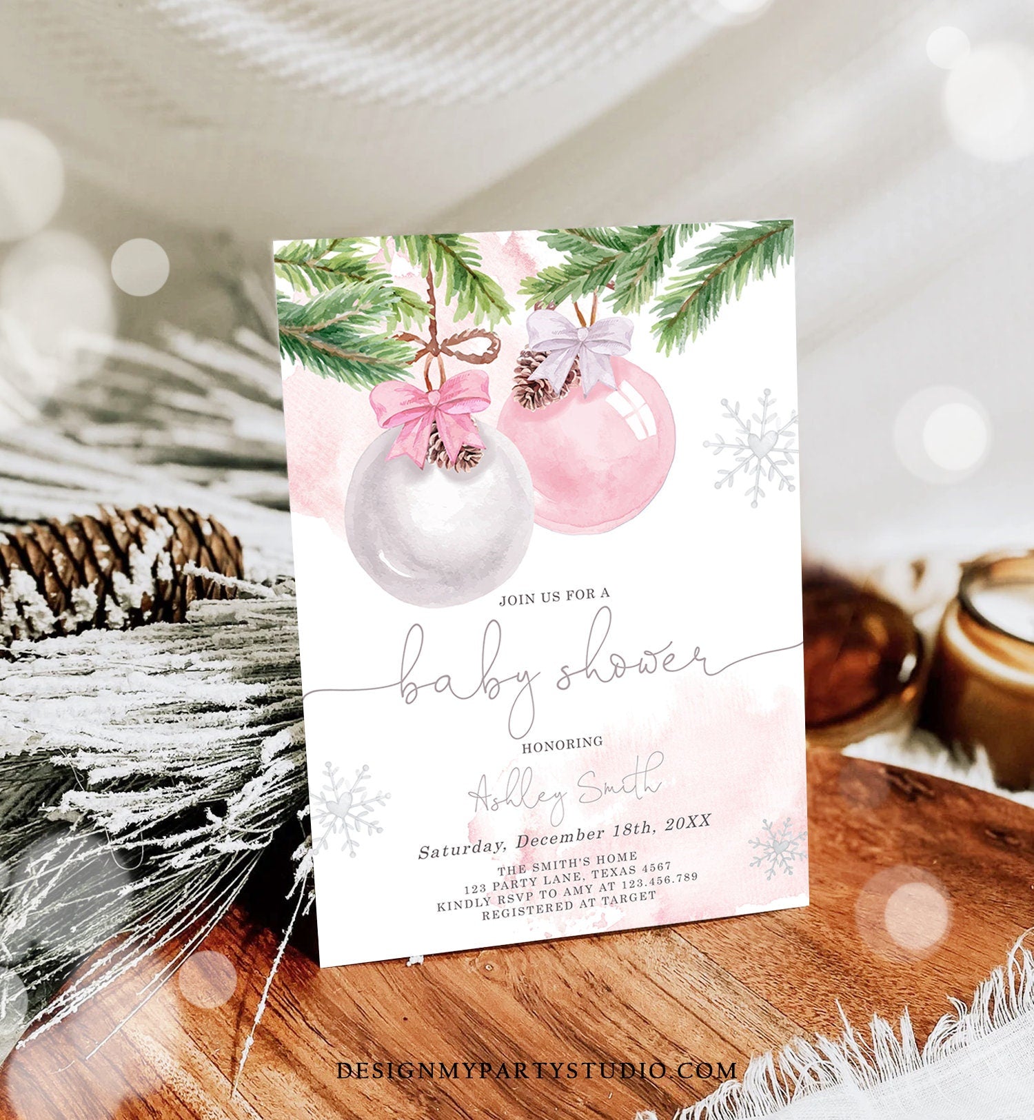 Editable Winter Baby Shower Invitation Baby It's Cold Outside Christmas Baby Shower Girl Blush Pink Watercolor Template Download Corjl 0490