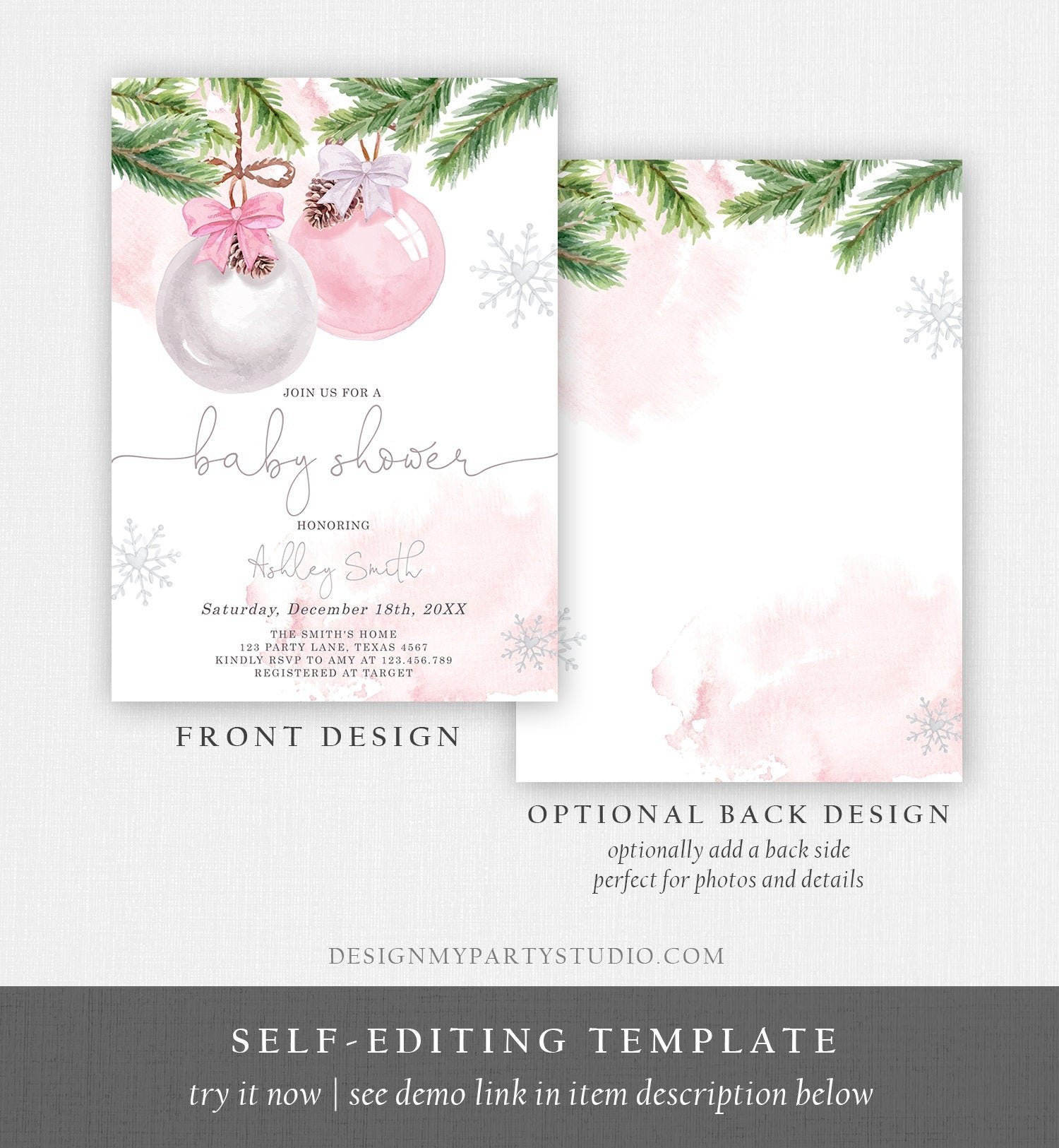 Editable Winter Baby Shower Invitation Baby It's Cold Outside Christmas Baby Shower Girl Blush Pink Watercolor Template Download Corjl 0490