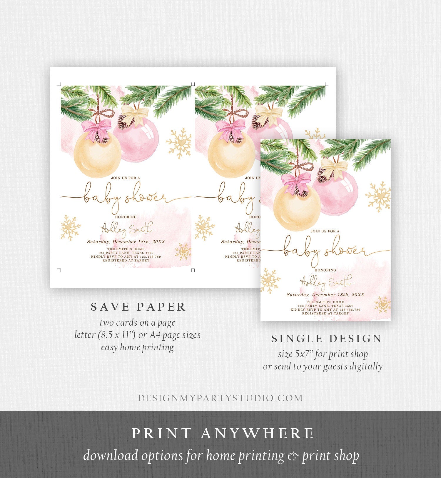 Editable Winter Baby Shower Invitation Baby It's Cold Outside Christmas Baby Shower Girl Blush Pink Watercolor Template Download Corjl 0490