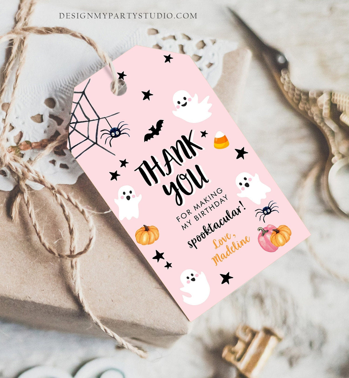 Editable Halloween Birthday Thank You Favor Tags Costume Party Girl Pink Spooktacular Ghost Party Download Printable Template Corjl 0418