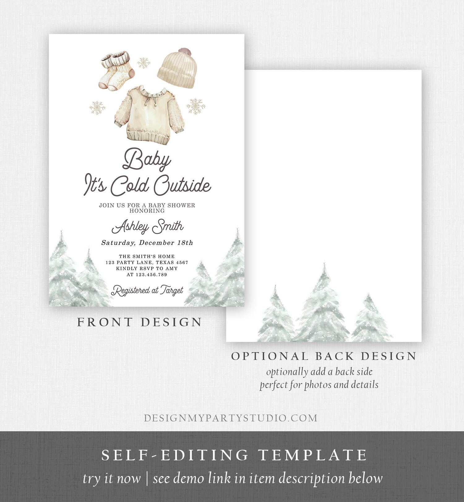 Editable Baby It's Cold Outside Invitation Winter Baby Shower Christmas Gender Neutral Baby Clothes Watercolor Template Download Corjl 0491