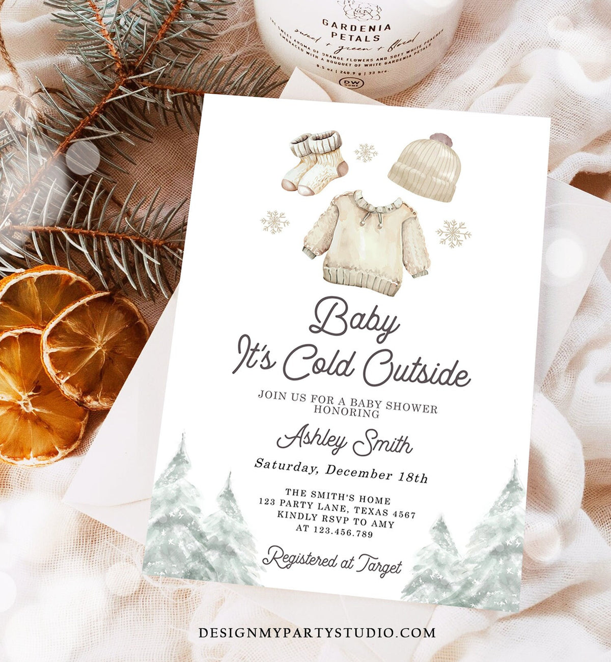 Editable Baby It&#39;s Cold Outside Invitation Winter Baby Shower Christmas Gender Neutral Baby Clothes Watercolor Template Download Corjl 0491