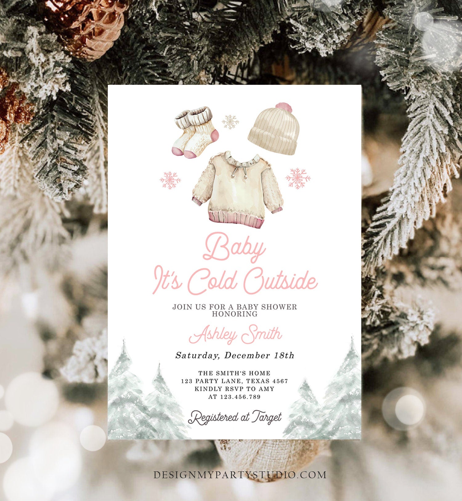 Editable Baby It's Cold Outside Invitation Winter Baby Shower Girl Christmas Pink Baby Clothes Watercolor Template Download Corjl 0491