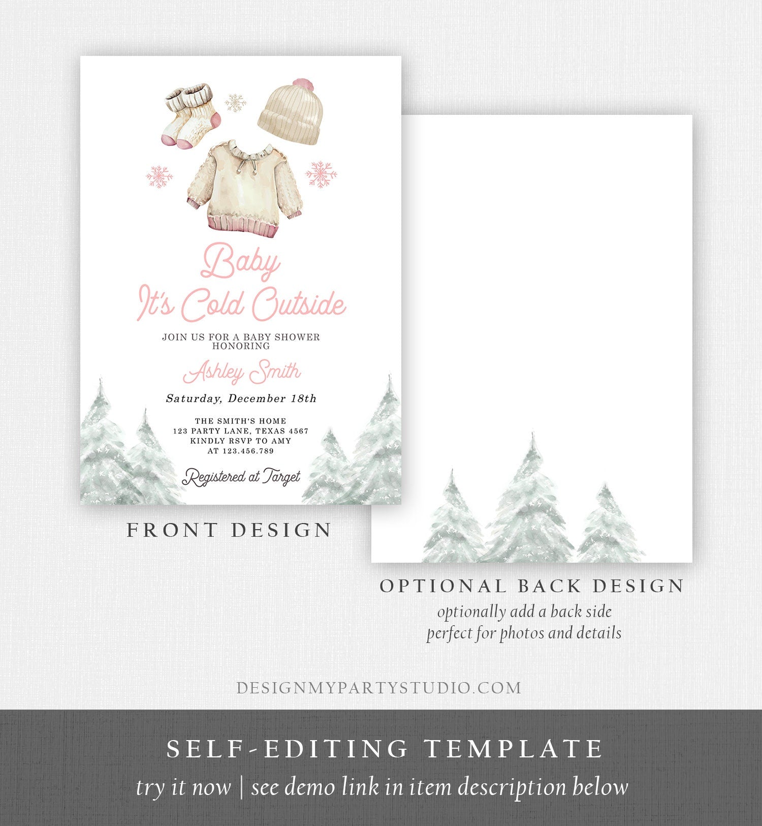 Editable Baby It's Cold Outside Invitation Winter Baby Shower Girl Christmas Pink Baby Clothes Watercolor Template Download Corjl 0491