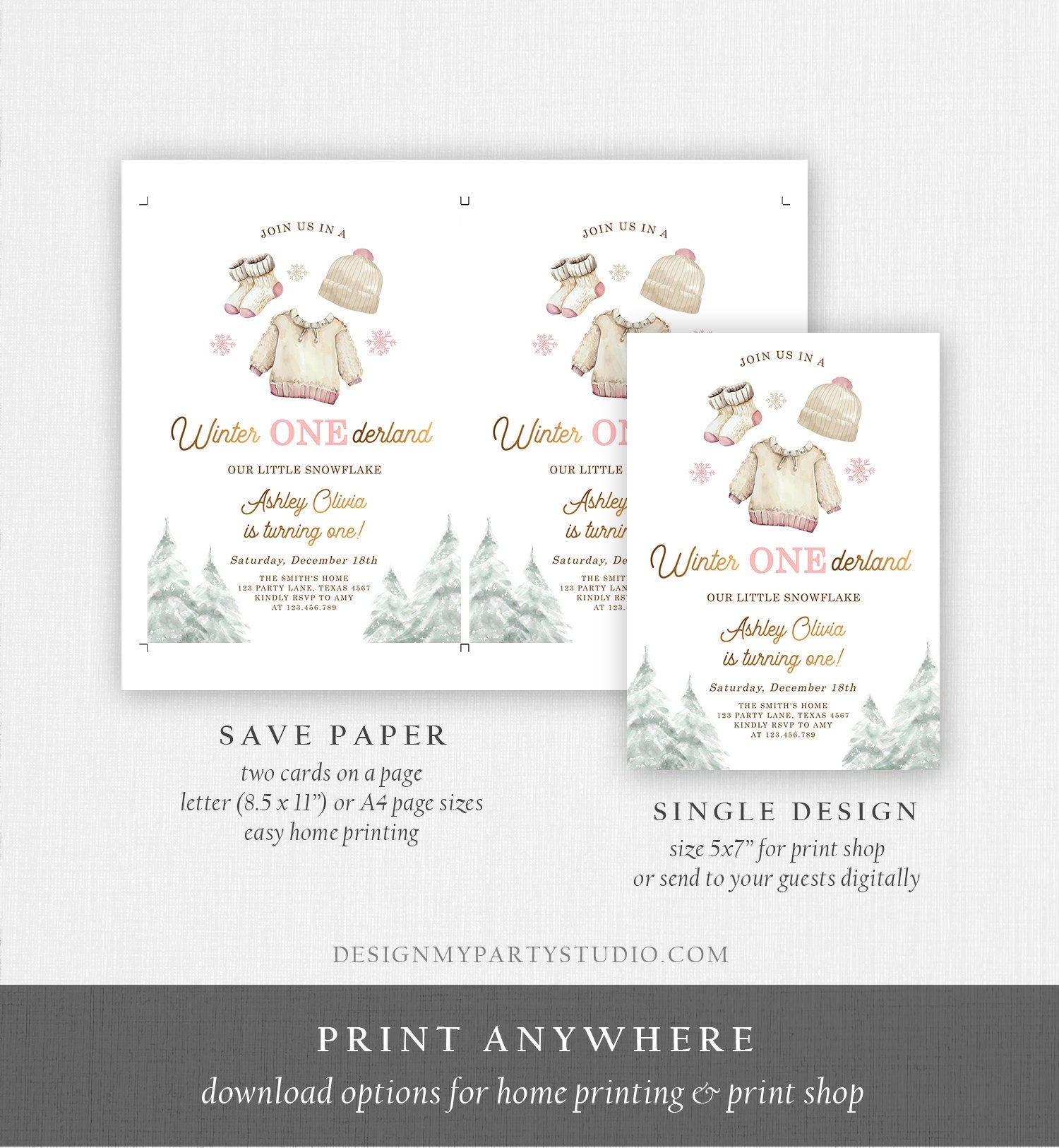 Editable Winter ONEderland Birthday Invitation First Birthday 1st Girl Pink Snow Watercolor Gold Christmas Snowflake Corjl Template 0491