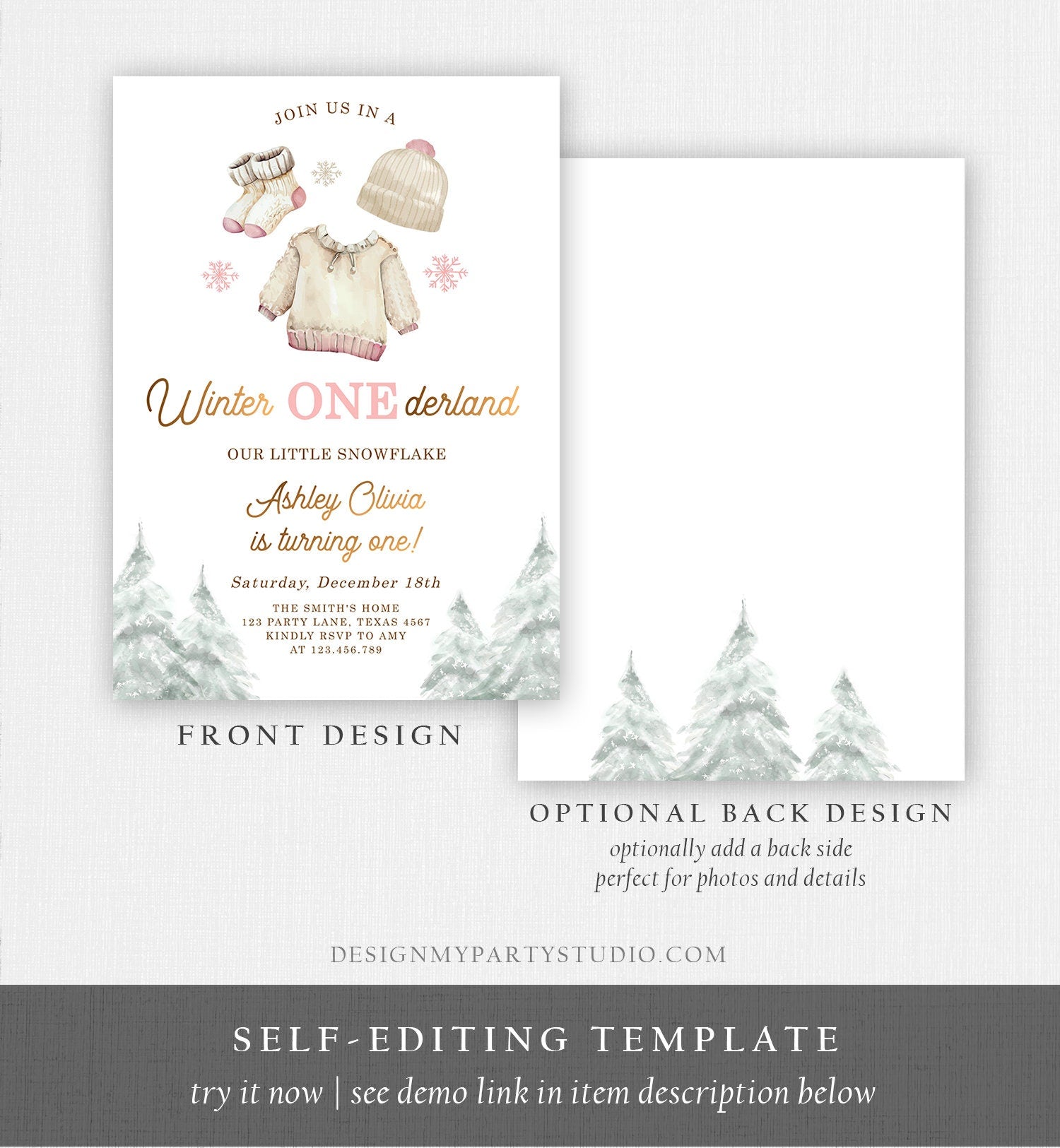 Editable Winter ONEderland Birthday Invitation First Birthday 1st Girl Pink Snow Watercolor Gold Christmas Snowflake Corjl Template 0491