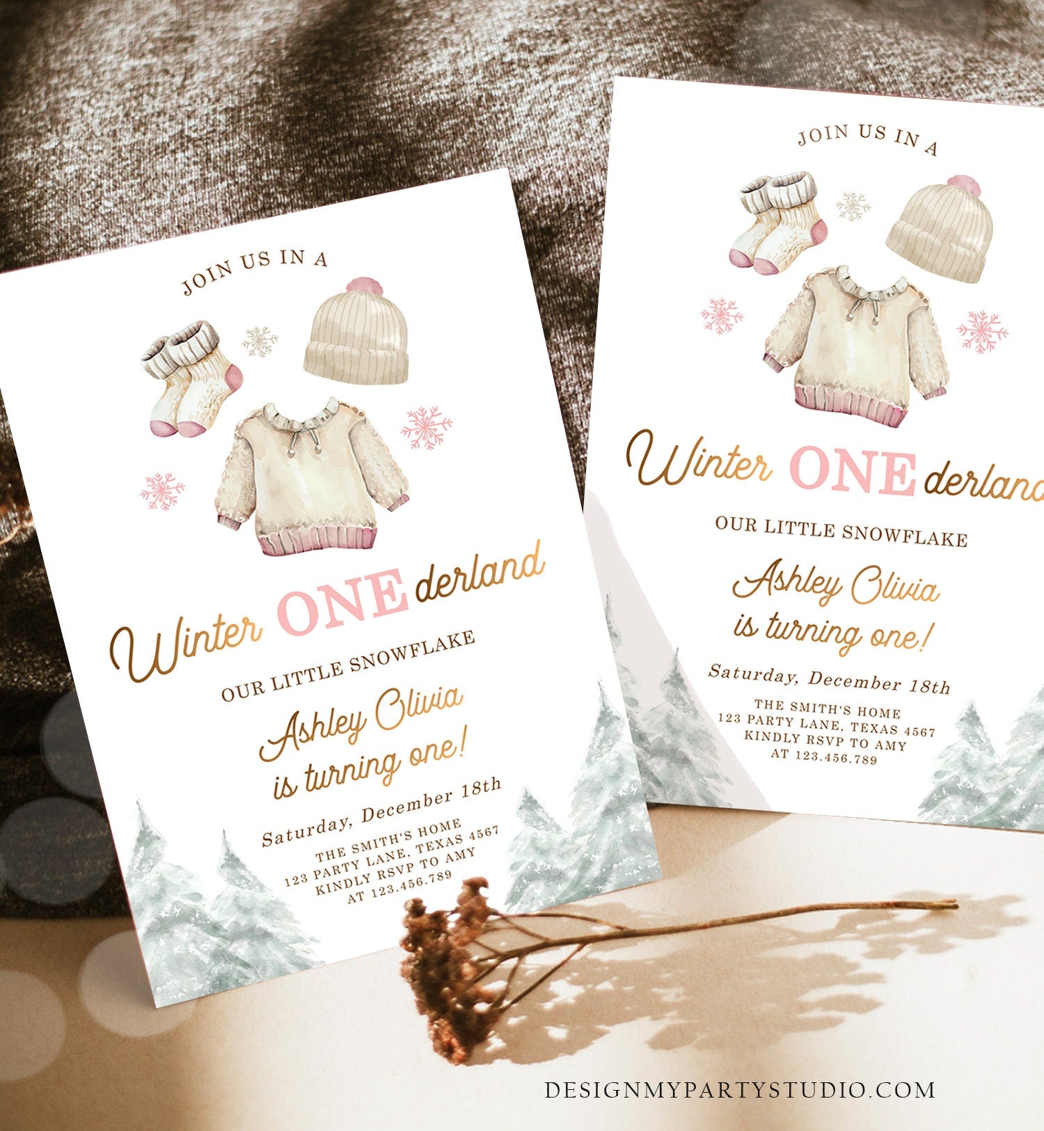 Editable Winter ONEderland Birthday Invitation First Birthday 1st Girl Pink Snow Watercolor Gold Christmas Snowflake Corjl Template 0491