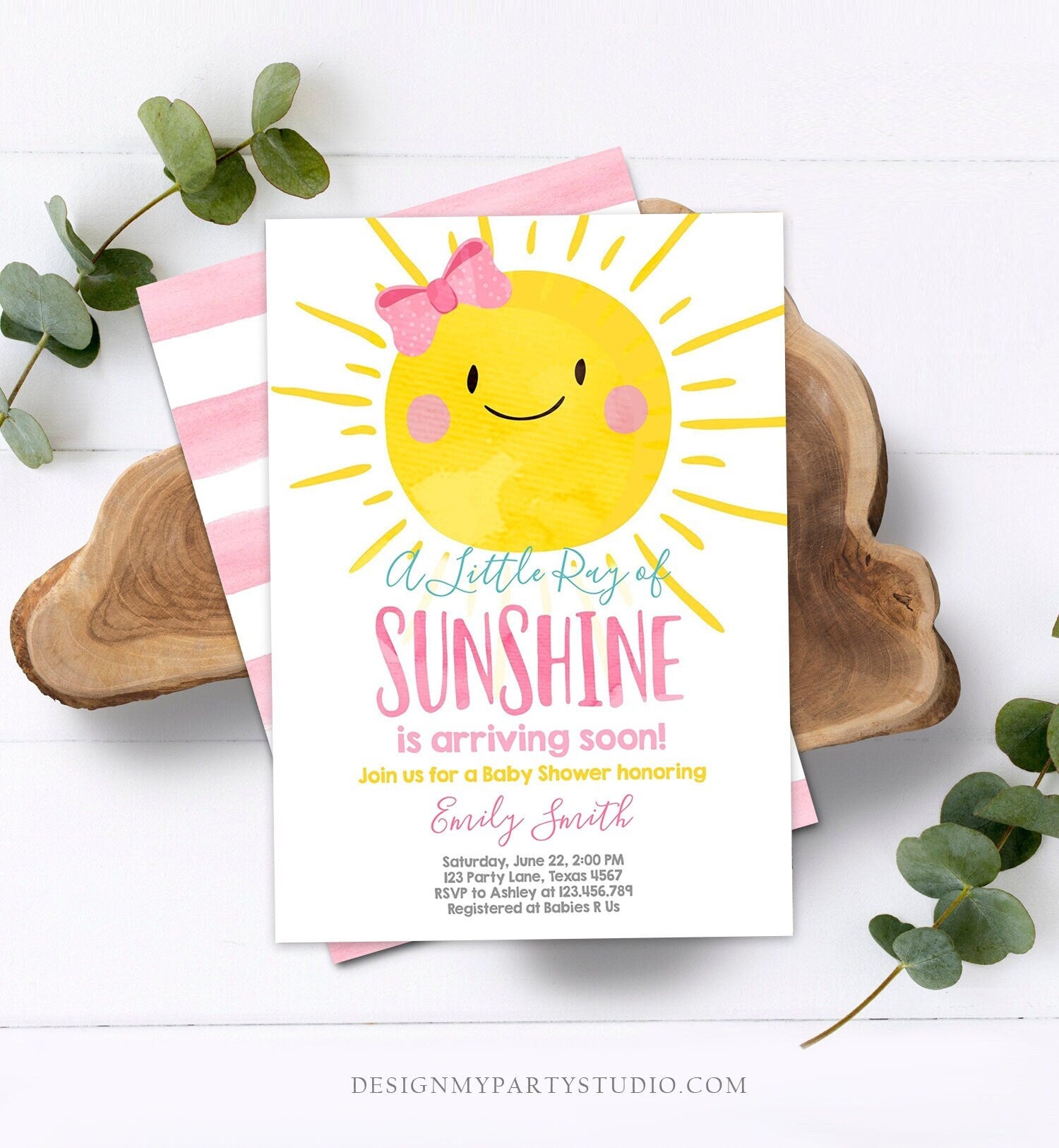 Editable A Ray of Sunshine Baby Shower Invitation Little Sunshine Pink Girl Bow Baby Girl Download Digital Corjl Template Printable 0141