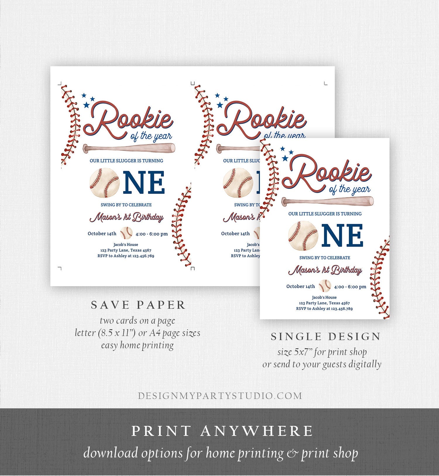 Editable Baseball First Birthday Invitation Rookie of The Year Invite Boy Birthday Little Slugger Download Template Digital Corjl 0492