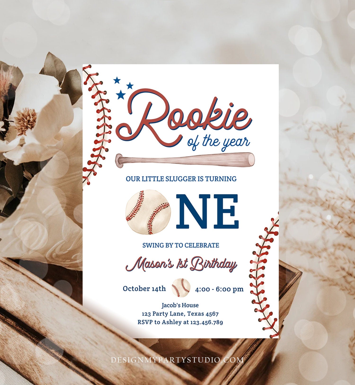 Editable Baseball First Birthday Invitation Rookie of The Year Invite Boy Birthday Little Slugger Download Template Digital Corjl 0492