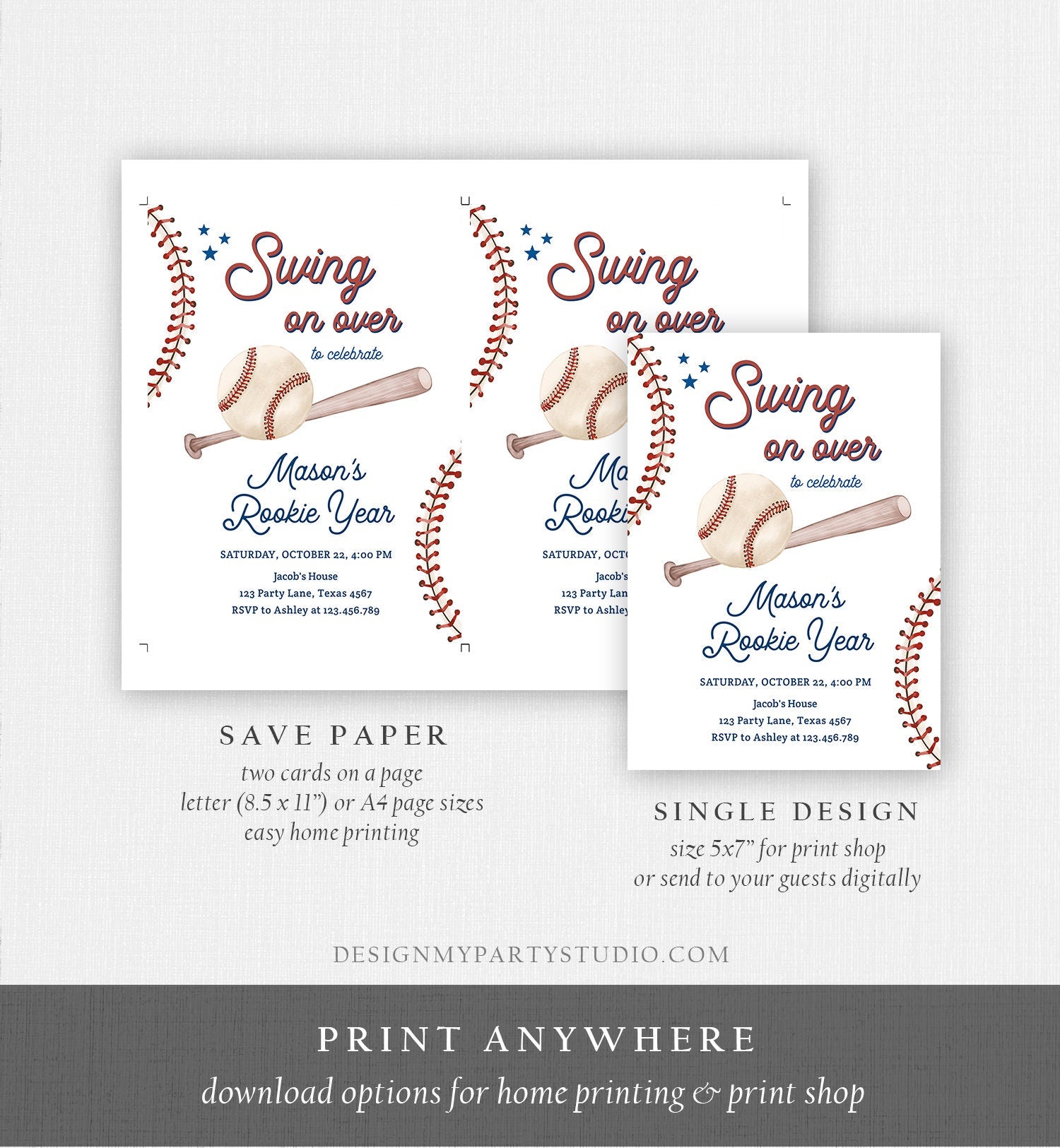 Editable Baseball First Birthday Invitation Rookie of The Year Invite Boy Birthday Little Slugger Swing Download Template Digital Corjl 0492