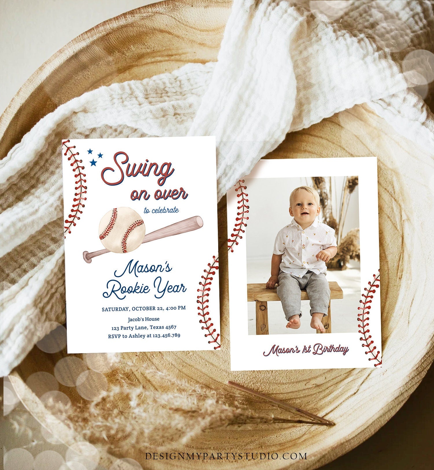 Editable Baseball First Birthday Invitation Rookie of The Year Invite Boy Birthday Little Slugger Swing Download Template Digital Corjl 0492