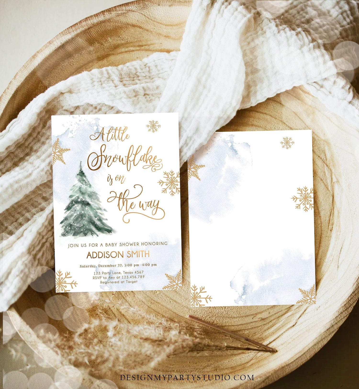 Editable Little Snowflake on The Way Baby Shower Invitation Winter Baby Shower Baby Its Cold Outside Watercolor Template Download Corjl 0363