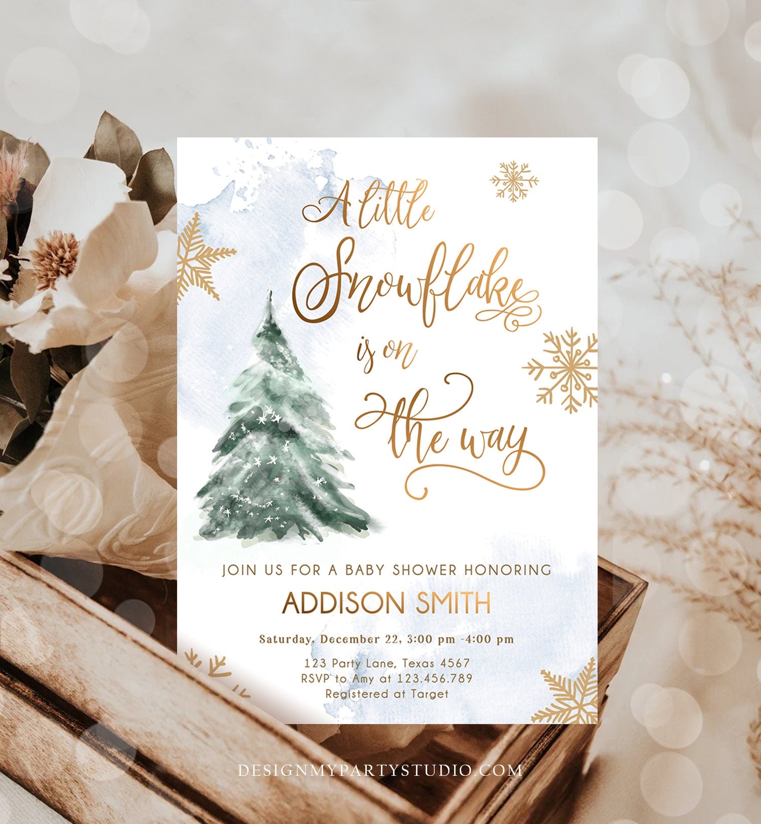 Editable Little Snowflake on The Way Baby Shower Invitation Winter Baby Shower Baby Its Cold Outside Watercolor Template Download Corjl 0363