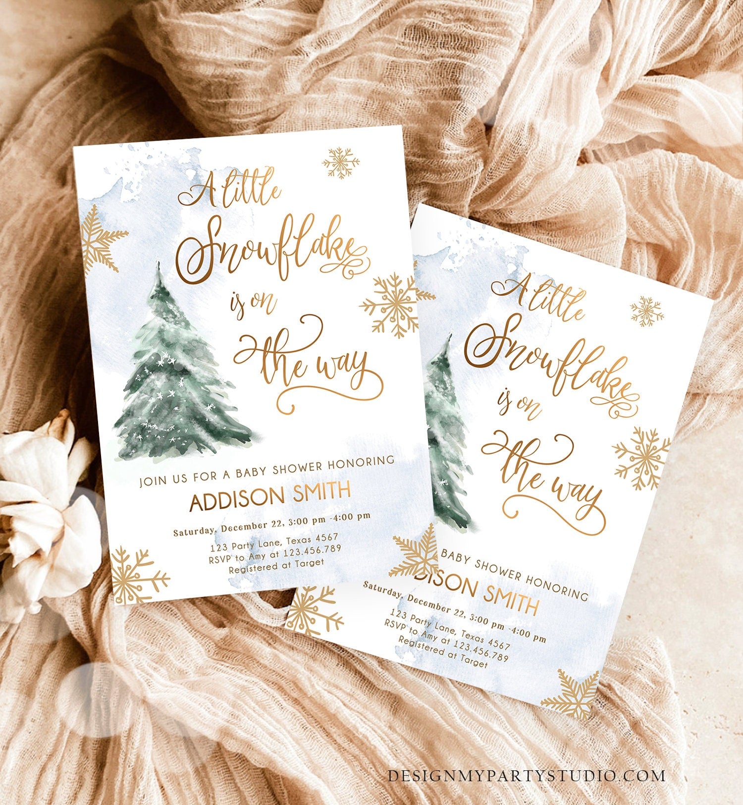 Editable Little Snowflake on The Way Baby Shower Invitation Winter Baby Shower Baby Its Cold Outside Watercolor Template Download Corjl 0363