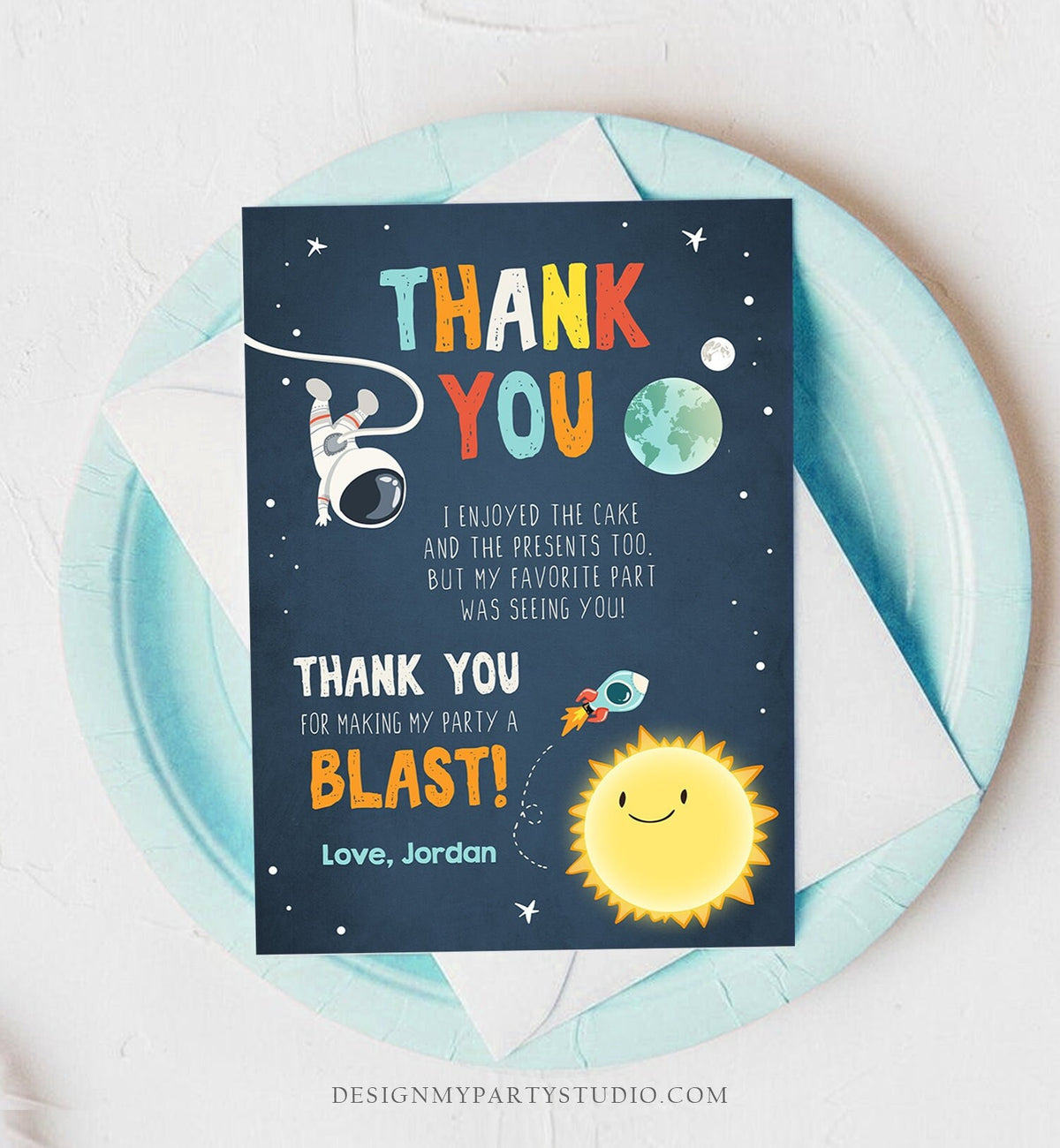 Editable Space Birthday Thank You Card Space Astronaut To the Moon Galaxy Thank You Note Download Printable Template Digital Corjl 0046