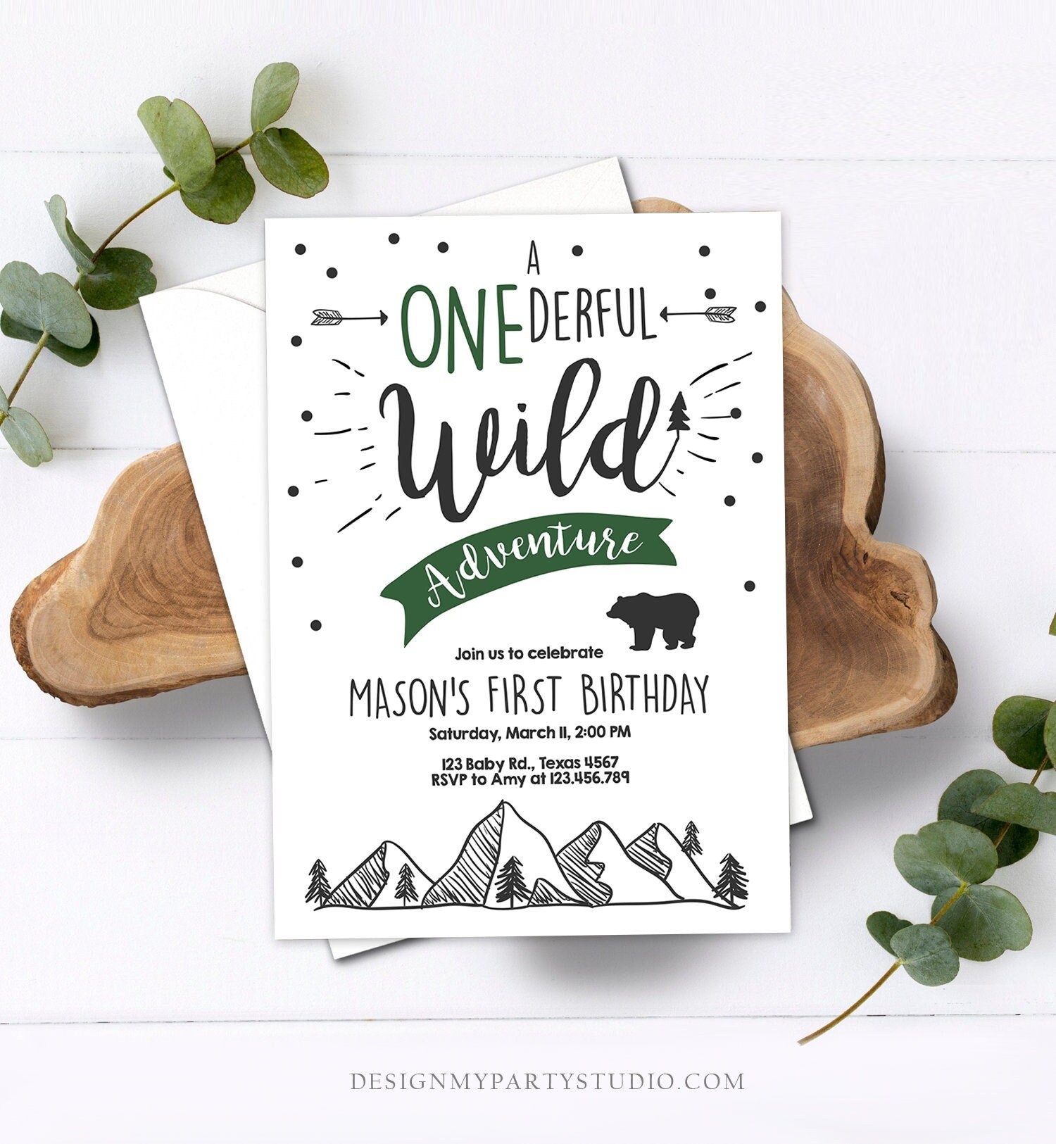 Editable A Onederful Wild Adventure First Birthday Invitation Wild Boy Mountains Bear Outdoor Hunter Green Digital Download Template 0083