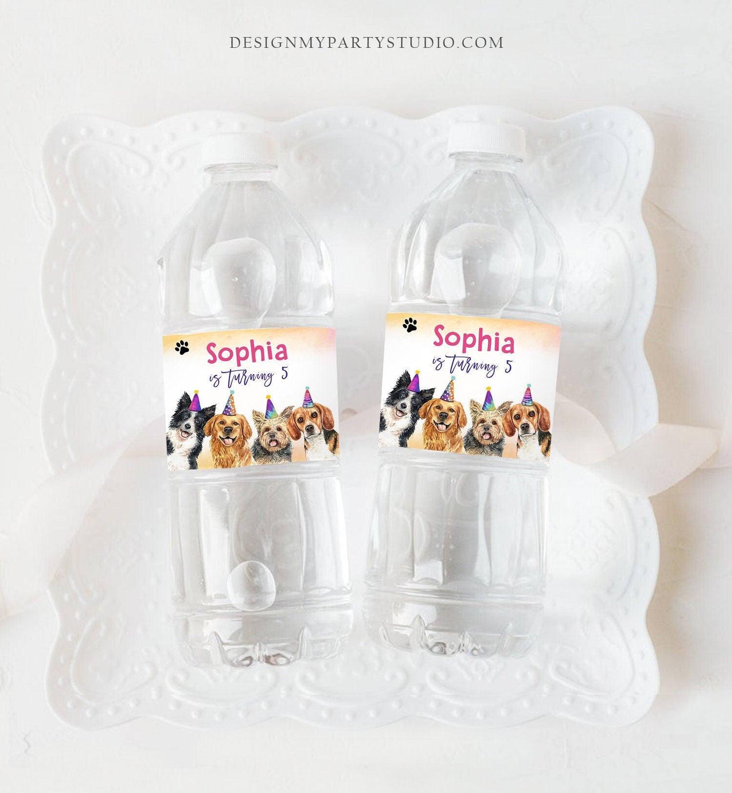 Editable Dog Water Bottle Labels Dog Birthday Puppy Party Doggy Pet Vet Pawty Birthday Decor Girl Printable Bottle Wrap Template Corjl 0460