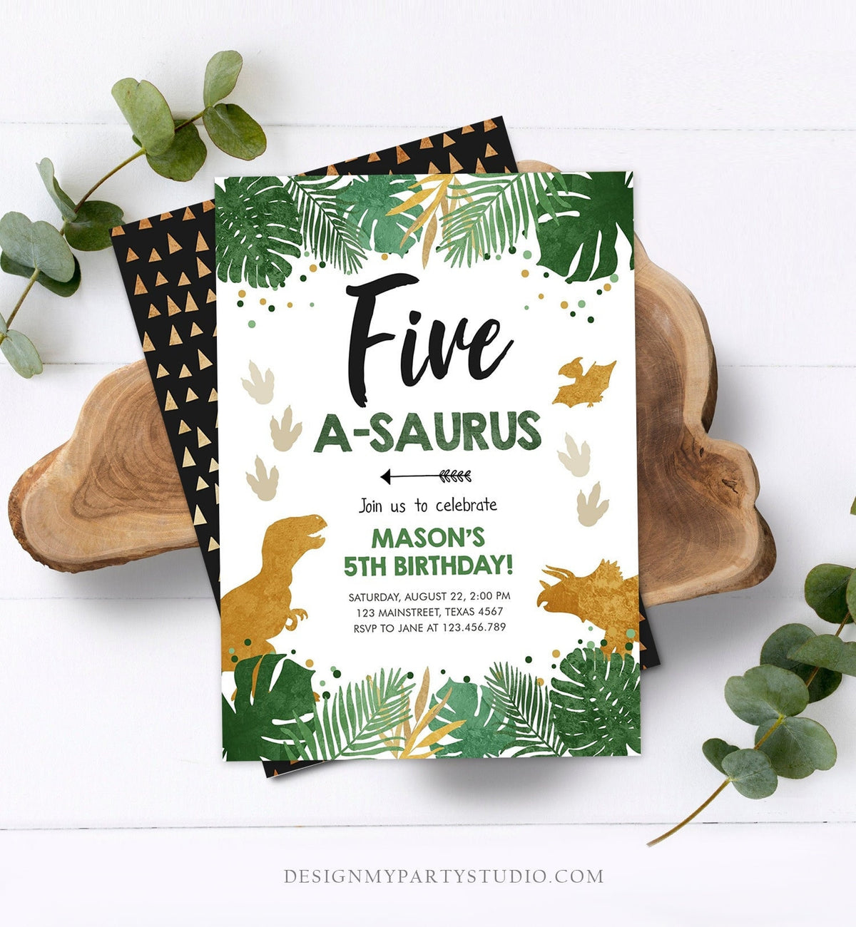 Editable Five-A-Saurus Birthday Invitation ANY AGE Dinosaur Dino Party Boy 5th Fifth Birthday Green Gold Corjl Template Printable 0146