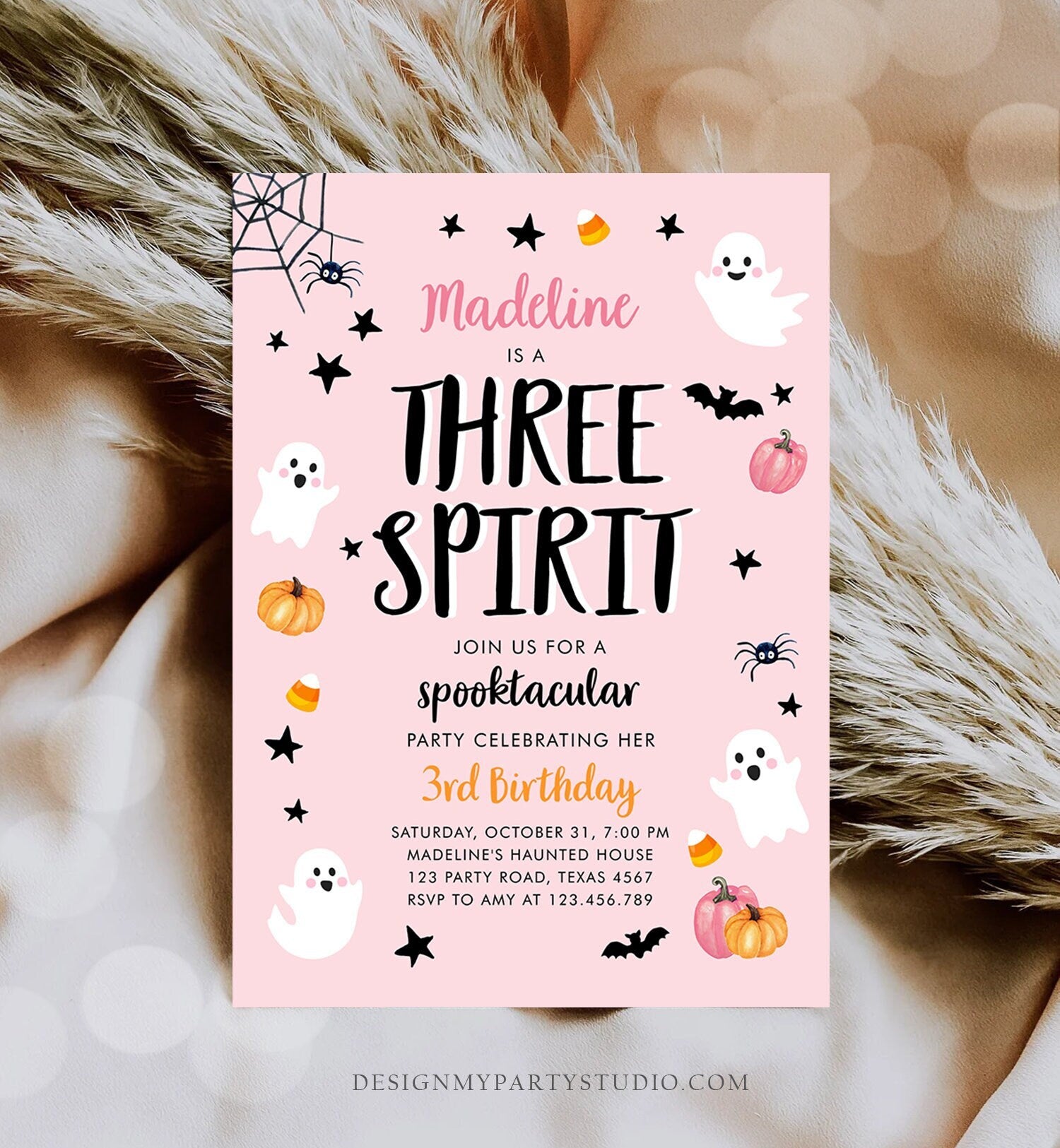 Editable Halloween Birthday Invitation Pink Ghost Three Spirit 3rd Birthday Party Spooktacular Spooky Digital Template Printable 0418