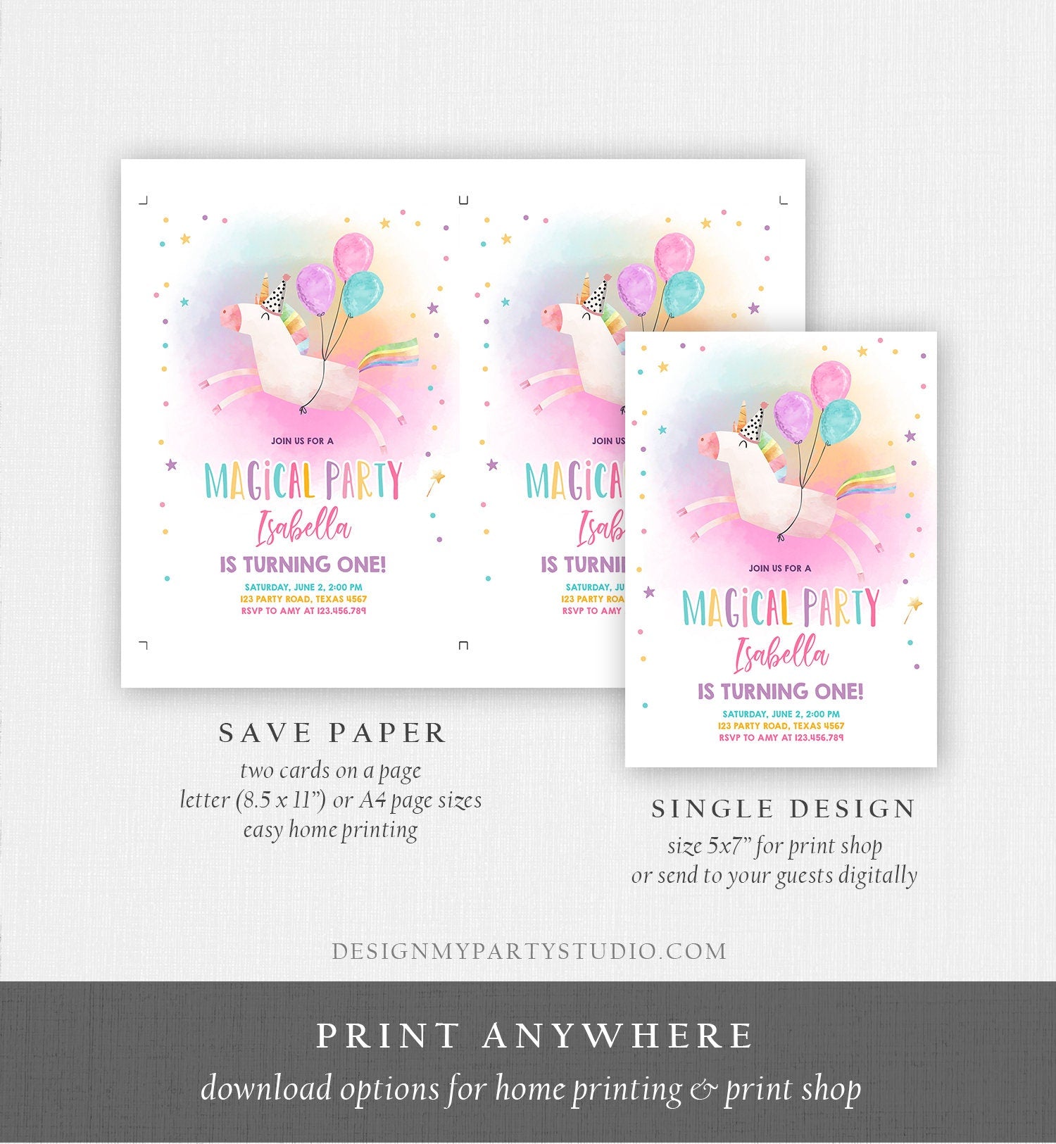 Editable Unicorn Birthday Invitation Magical Party Invite Girl Pink First Birthday Digital Invite Template Rainbow Download Corjl 0336